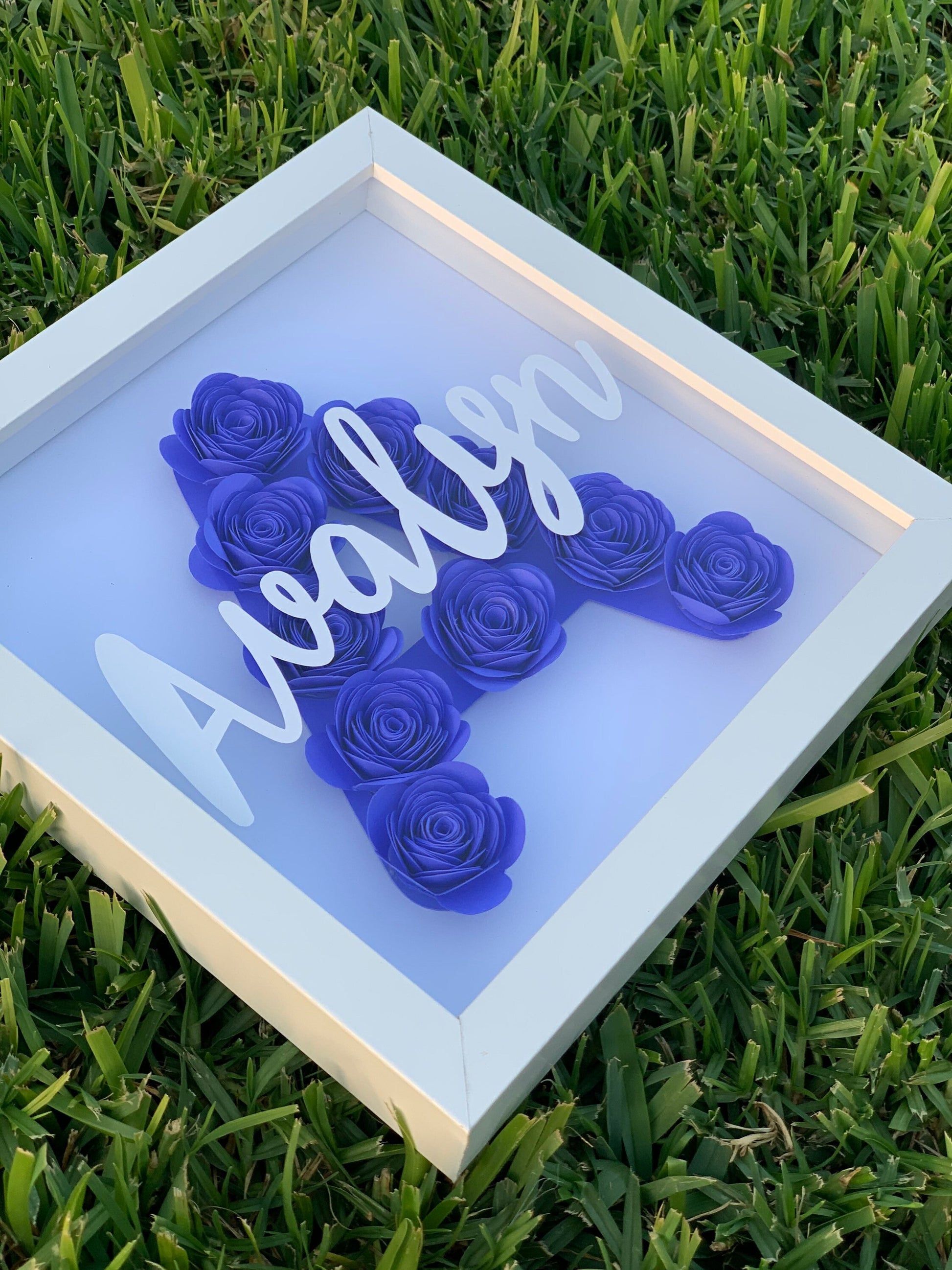 Blossoming Identity: Personalized Initial & Name Flower Frame - Paper Shadow Box for Kid's Room, Nursery Decor Delight