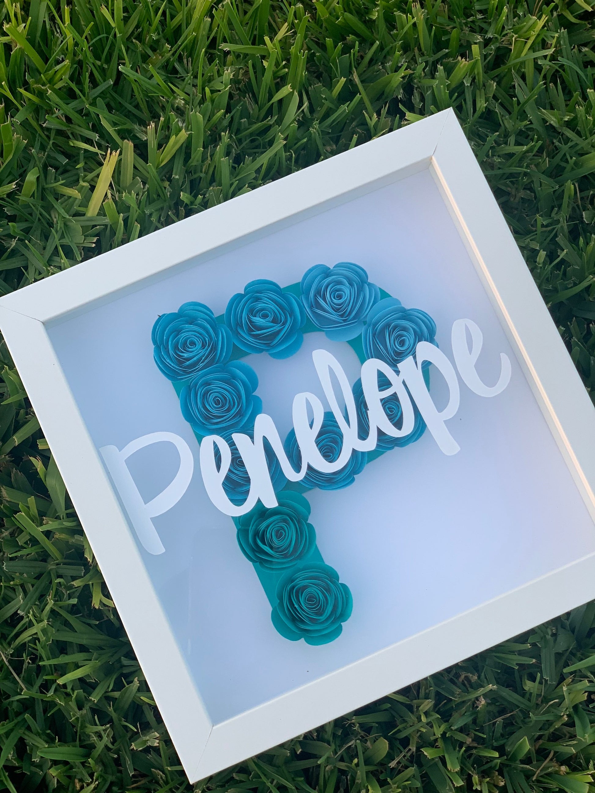 Blossoming Identity: Personalized Initial & Name Flower Frame - Paper Shadow Box for Kid's Room, Nursery Decor Delight