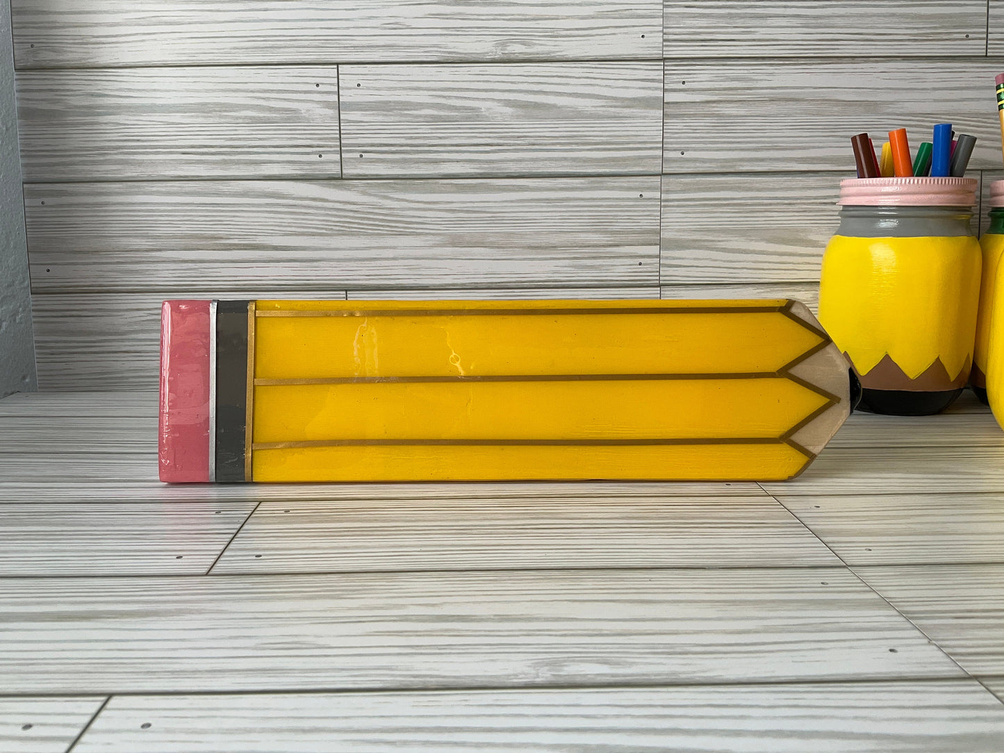 Personalized Teacher Pencil Sign: Yellow Wooden Hall Pass by Lina Loves Two, handmade in Los Angeles CA