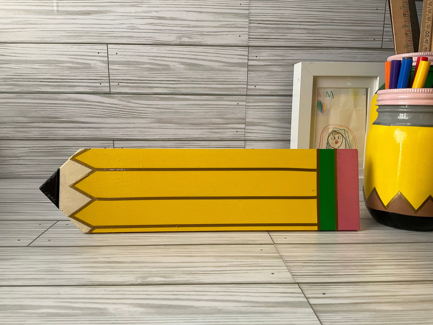 Personalized Teacher Pencil Sign: Yellow Wooden Hall Pass by Lina Loves Two, handmade in Los Angeles CA