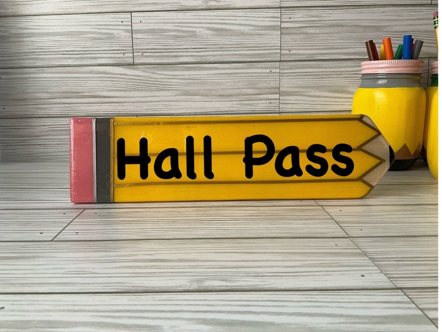 Personalized Teacher Pencil Sign: Yellow Wooden Hall Pass by Lina Loves Two, handmade in Los Angeles CA