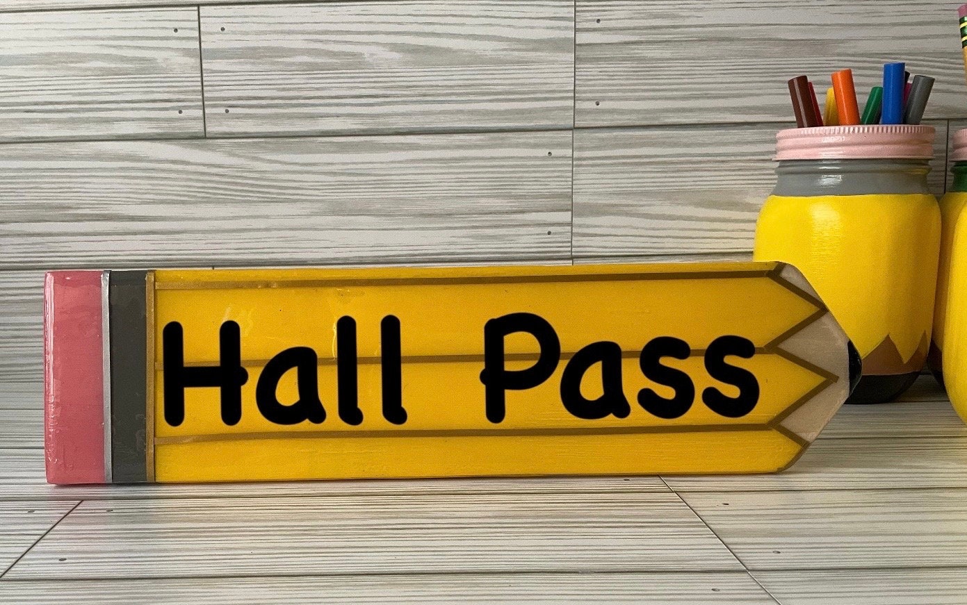Personalized Teacher Pencil Sign: Yellow Wooden Hall Pass by Lina Loves Two, handmade in Los Angeles CA