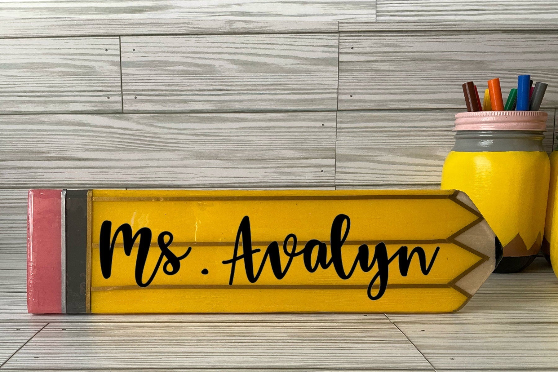 Personalized Teacher Pencil Sign: Yellow Wooden Hall Pass by Lina Loves Two, handmade in Los Angeles CA