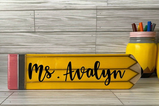 Personalized Teacher Pencil Sign: Yellow Wooden Hall Pass by Lina Loves Two, handmade in Los Angeles CA