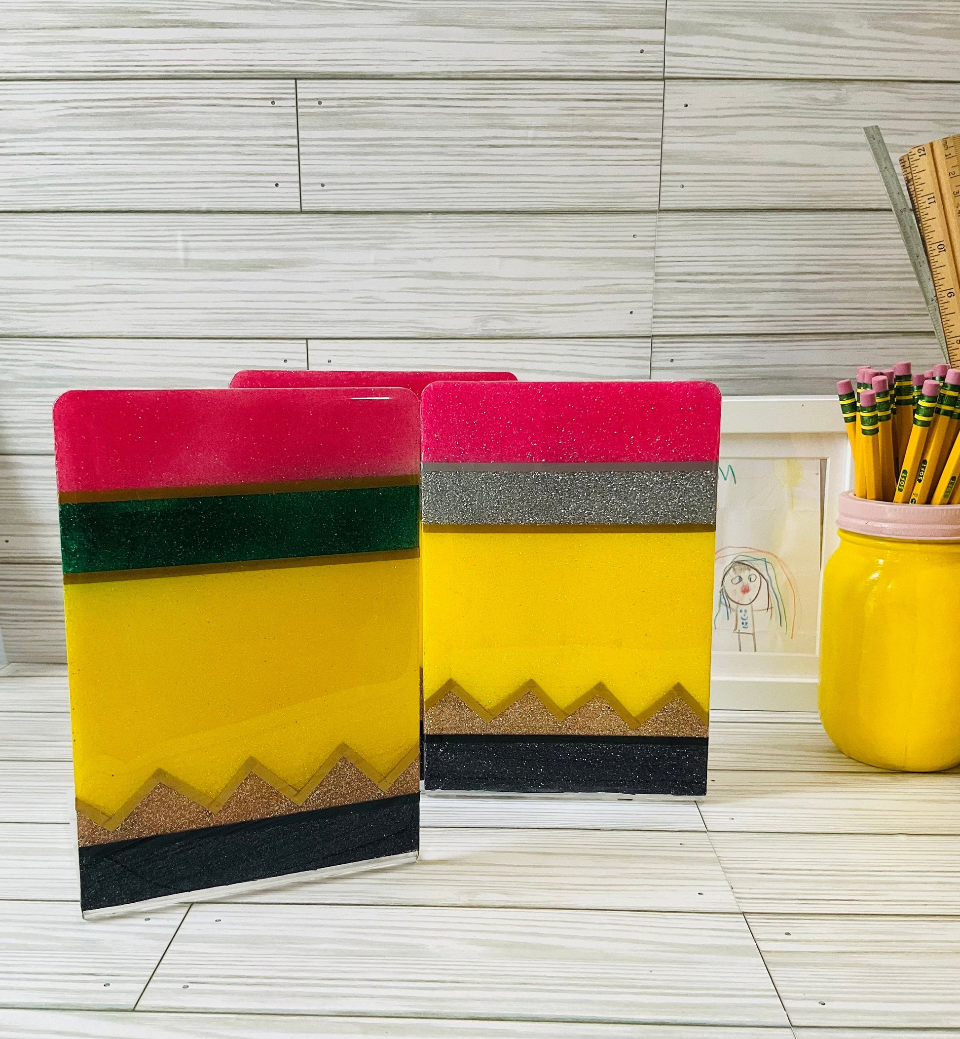Sparkling Yellow Pencil Glitter Bookends - Perfect Teacher Gifts, Stylish Classroom Decor by Lina Loves Two, handmade in Los Angeles CA