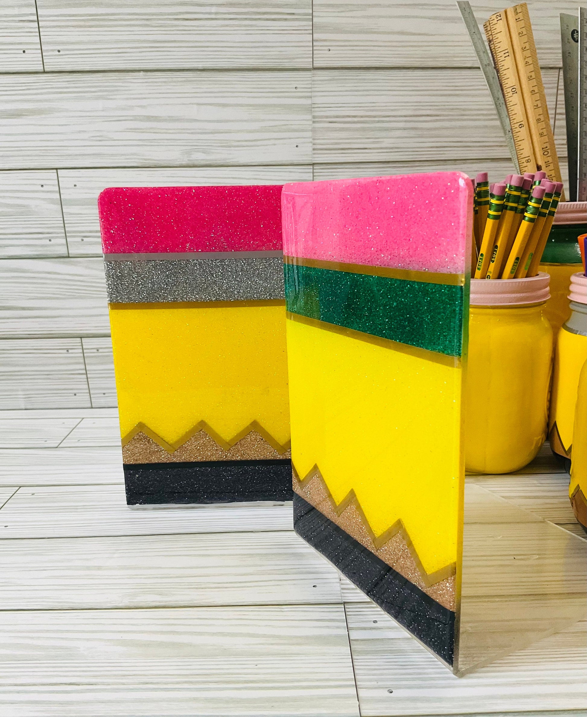 Sparkling Yellow Pencil Glitter Bookends - Perfect Teacher Gifts, Stylish Classroom Decor by Lina Loves Two, handmade in Los Angeles CA