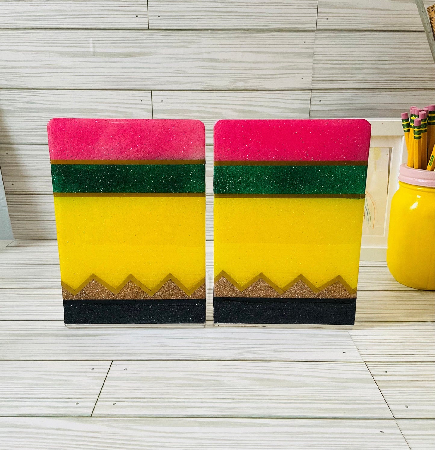 Sparkling Yellow Pencil Glitter Bookends - Perfect Teacher Gifts, Stylish Classroom Decor by Lina Loves Two, handmade in Los Angeles CA