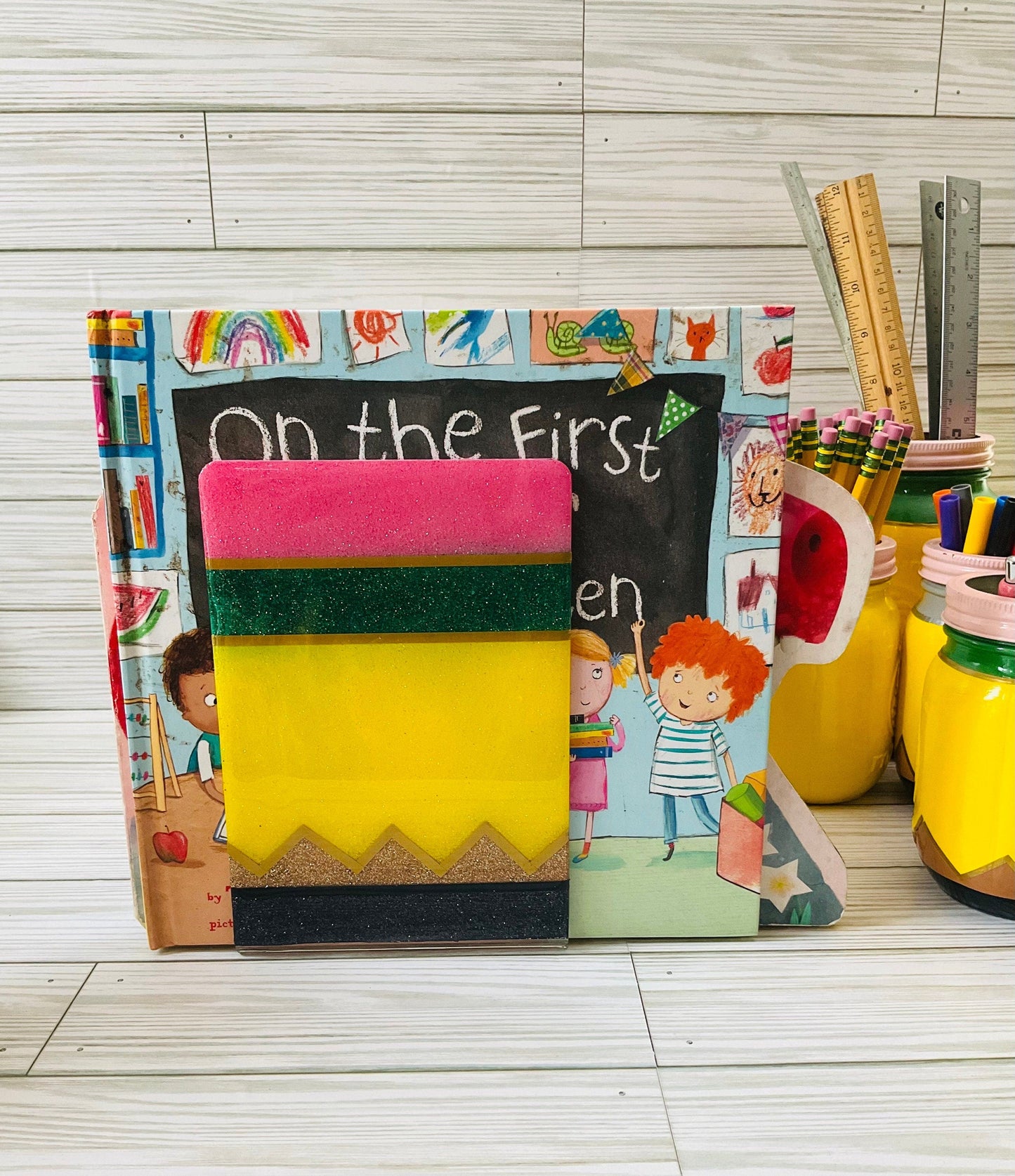Sparkling Yellow Pencil Glitter Bookends - Perfect Teacher Gifts, Stylish Classroom Decor by Lina Loves Two, handmade in Los Angeles CA