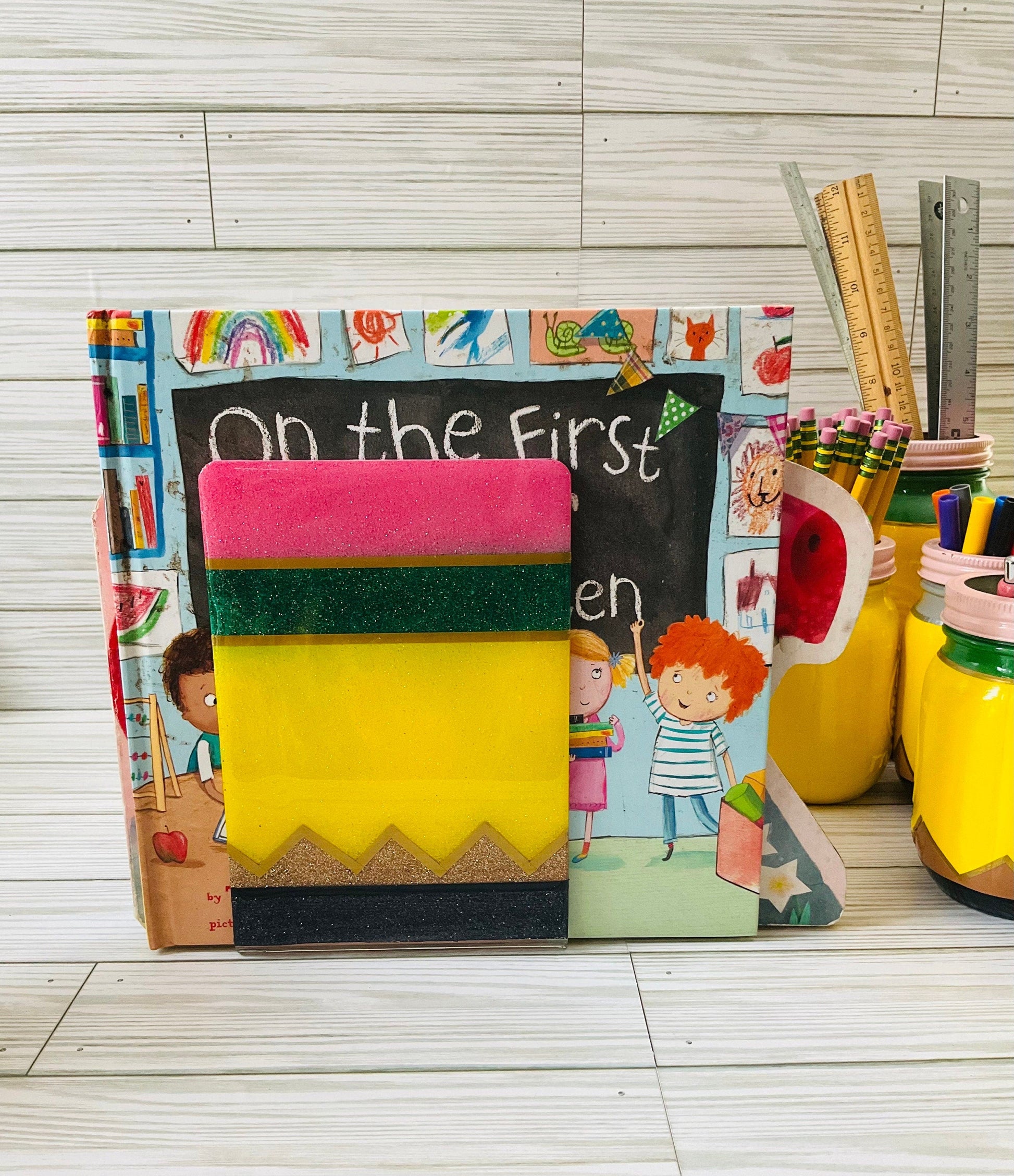 Sparkling Yellow Pencil Glitter Bookends - Perfect Teacher Gifts, Stylish Classroom Decor by Lina Loves Two, handmade in Los Angeles CA