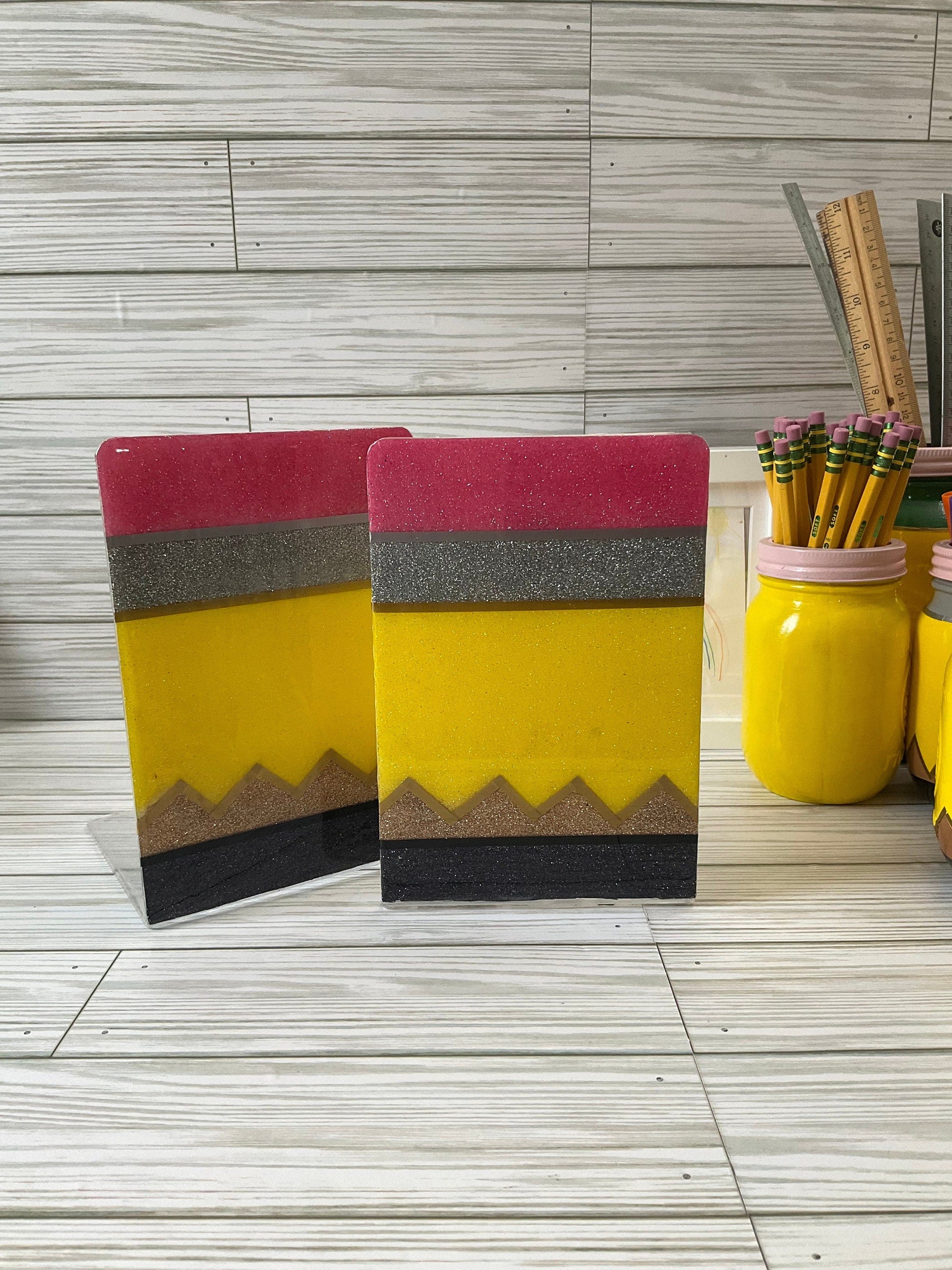 Sparkling Yellow Pencil Glitter Bookends - Perfect Teacher Gifts, Stylish Classroom Decor by Lina Loves Two, handmade in Los Angeles CA