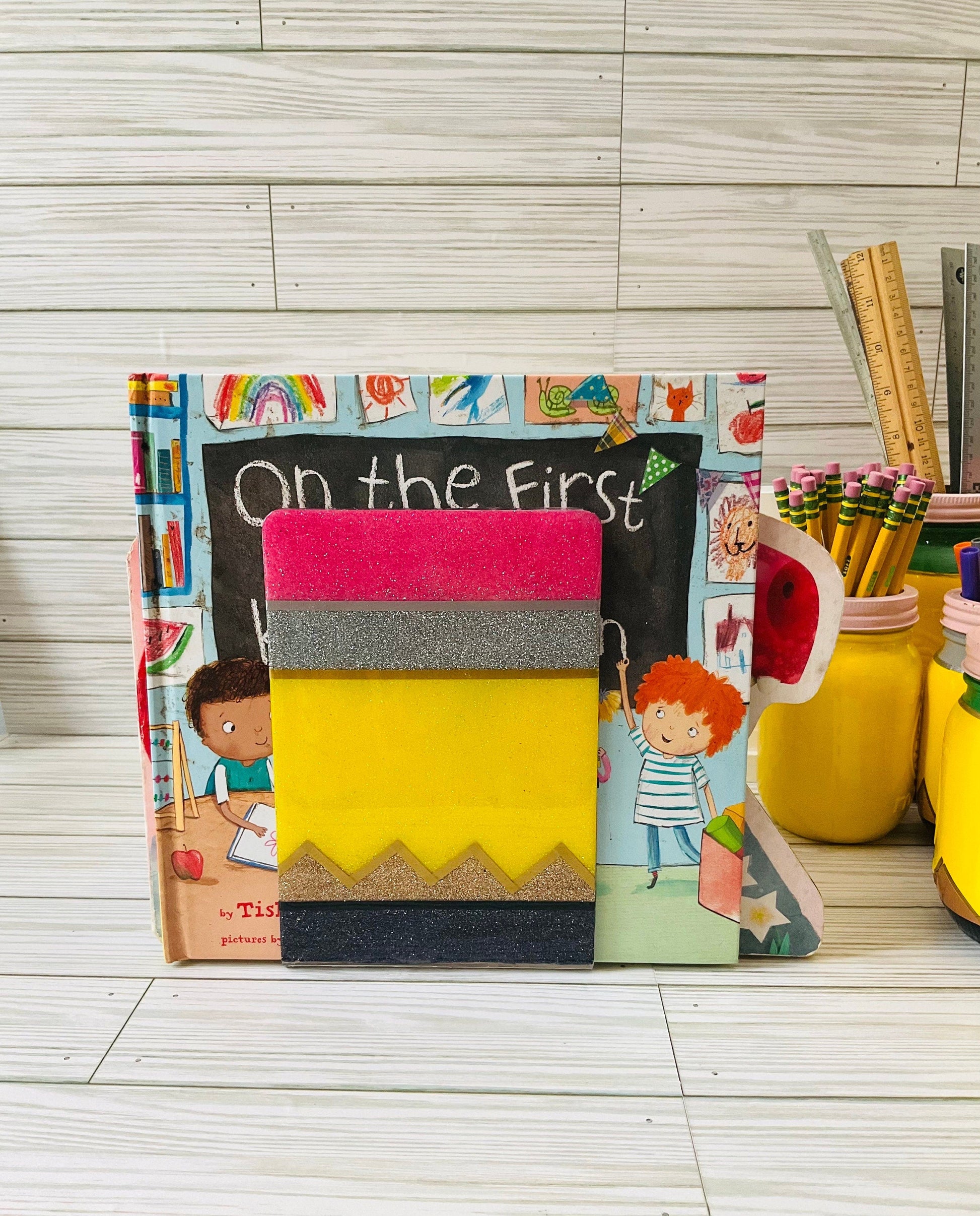 Sparkling Yellow Pencil Glitter Bookends - Perfect Teacher Gifts, Stylish Classroom Decor by Lina Loves Two, handmade in Los Angeles CA