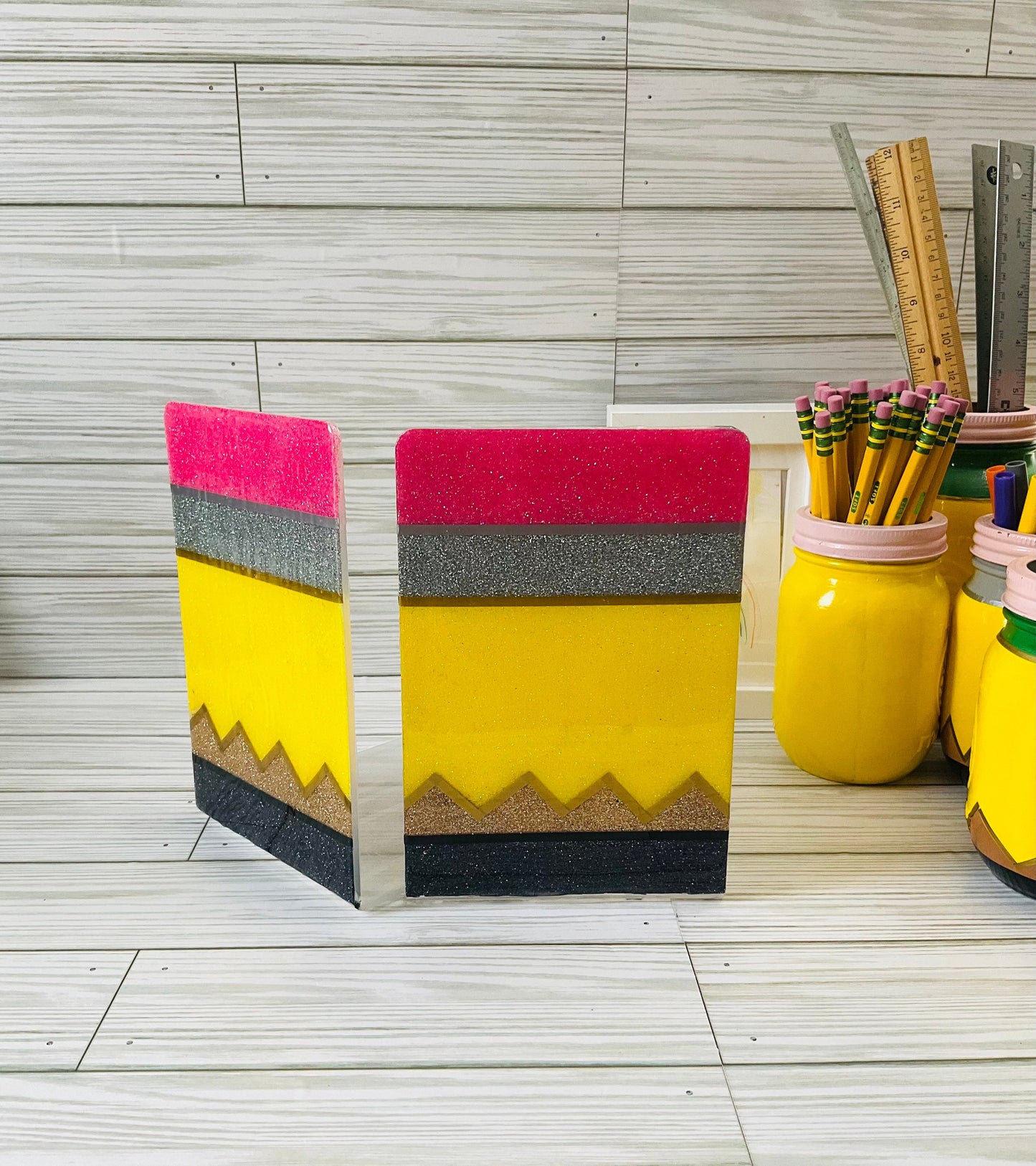 Sparkling Yellow Pencil Glitter Bookends - Perfect Teacher Gifts, Stylish Classroom Decor by Lina Loves Two, handmade in Los Angeles CA