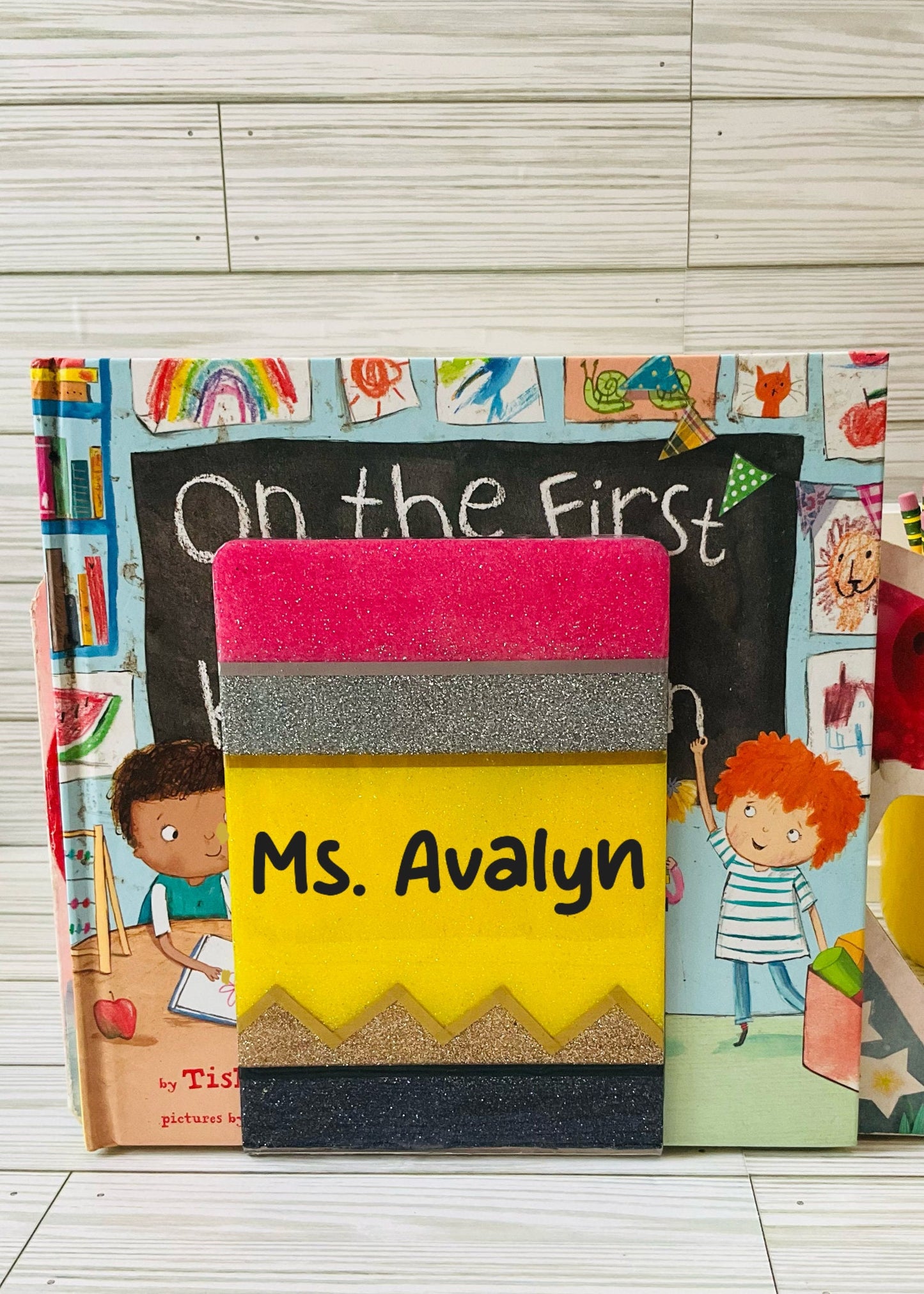 Sparkling Yellow Pencil Glitter Bookends - Perfect Teacher Gifts, Stylish Classroom Decor by Lina Loves Two, handmade in Los Angeles CA