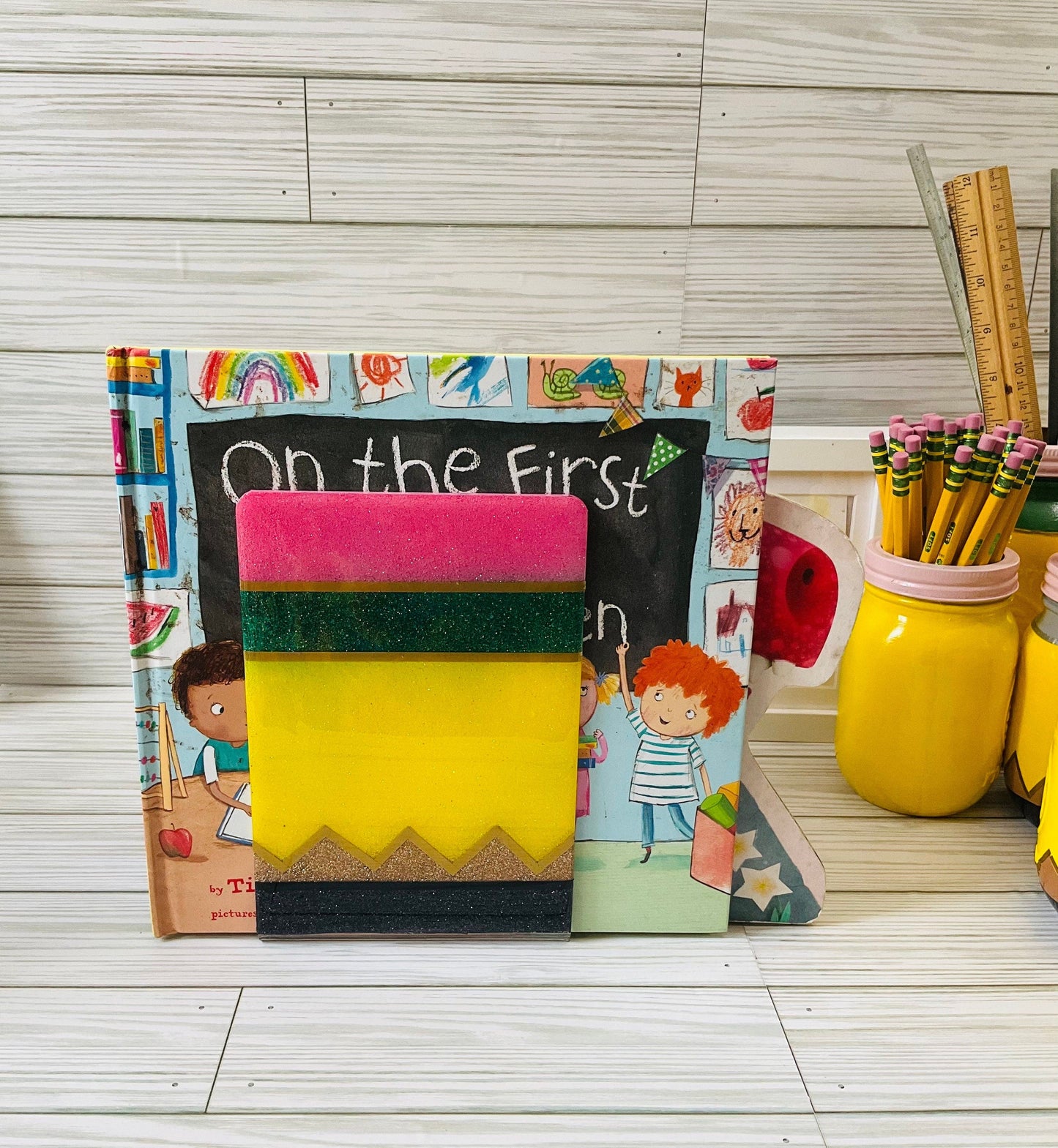 Sparkling Yellow Pencil Glitter Bookends - Perfect Teacher Gifts, Stylish Classroom Decor by Lina Loves Two, handmade in Los Angeles CA