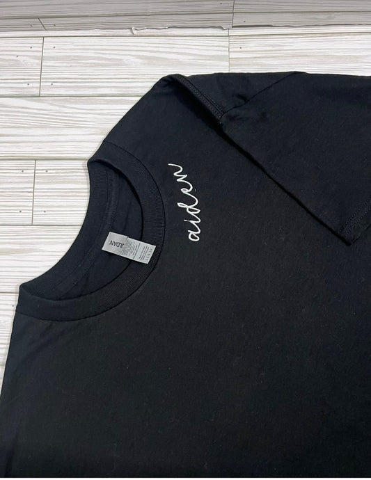 Name Script Embroidered T-Shirt | Custom Crewneck Name T-Shirt | Script Name T-Shirt by Lina Loves Two, handmade in Los Angeles CA