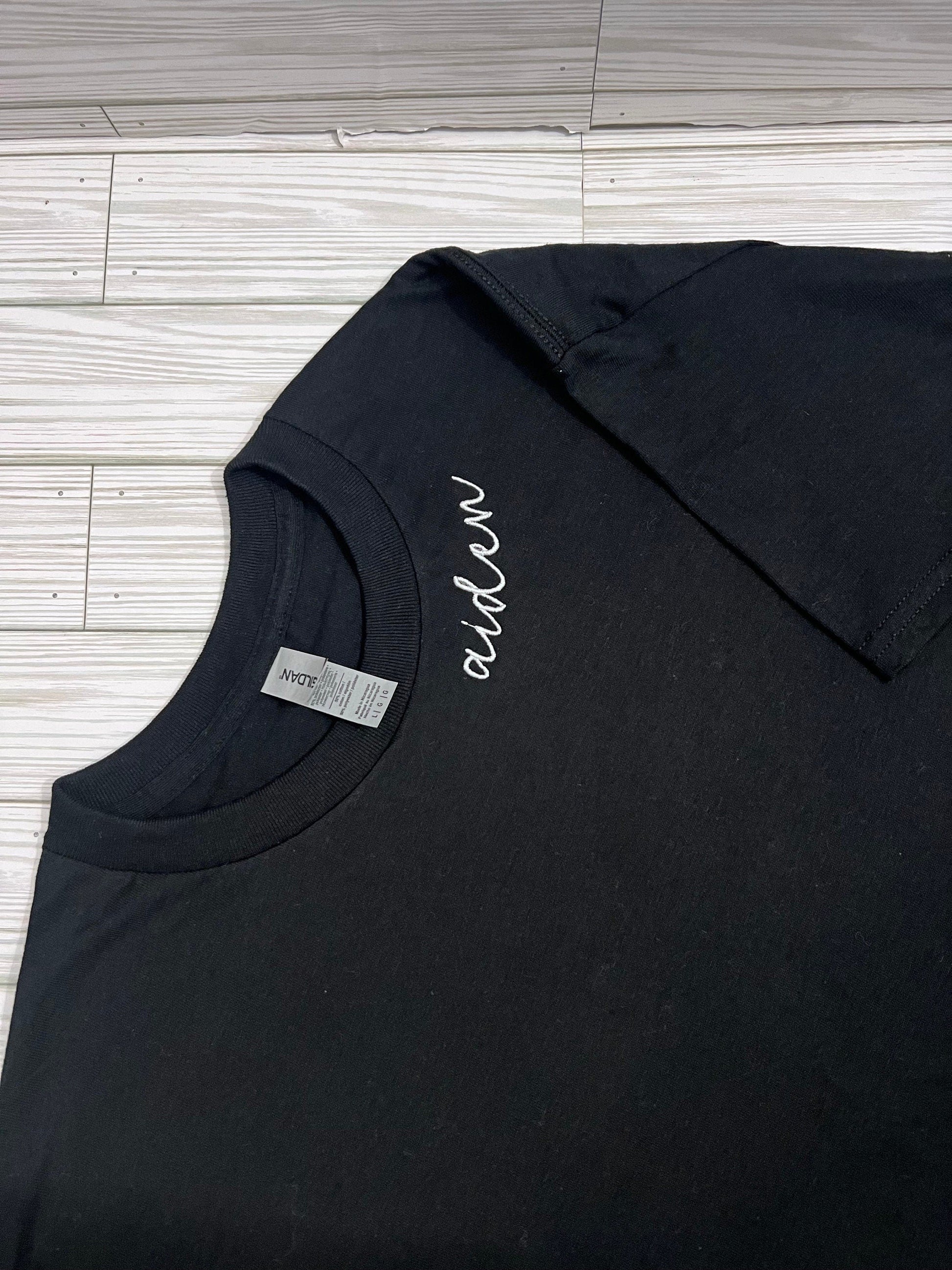 Name Script Embroidered T-Shirt | Custom Crewneck Name T-Shirt | Script Name T-Shirt by Lina Loves Two, handmade in Los Angeles CA