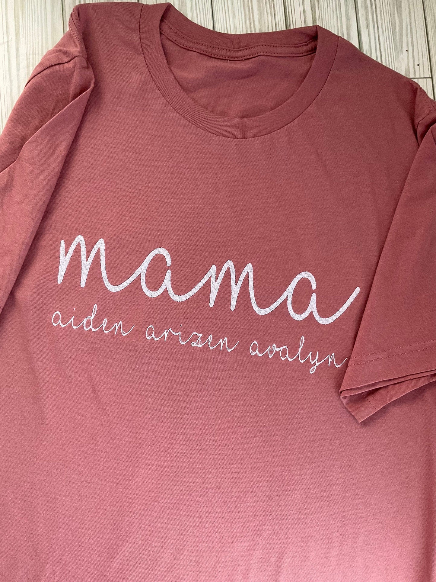 Personalized Mama Script Embroidered T-Shirt - Custom Mom Appreciation Tee with Kids' Names - Handcrafted Mother's Day Gift by Lina Loves Two, handmade in Los Angeles CA