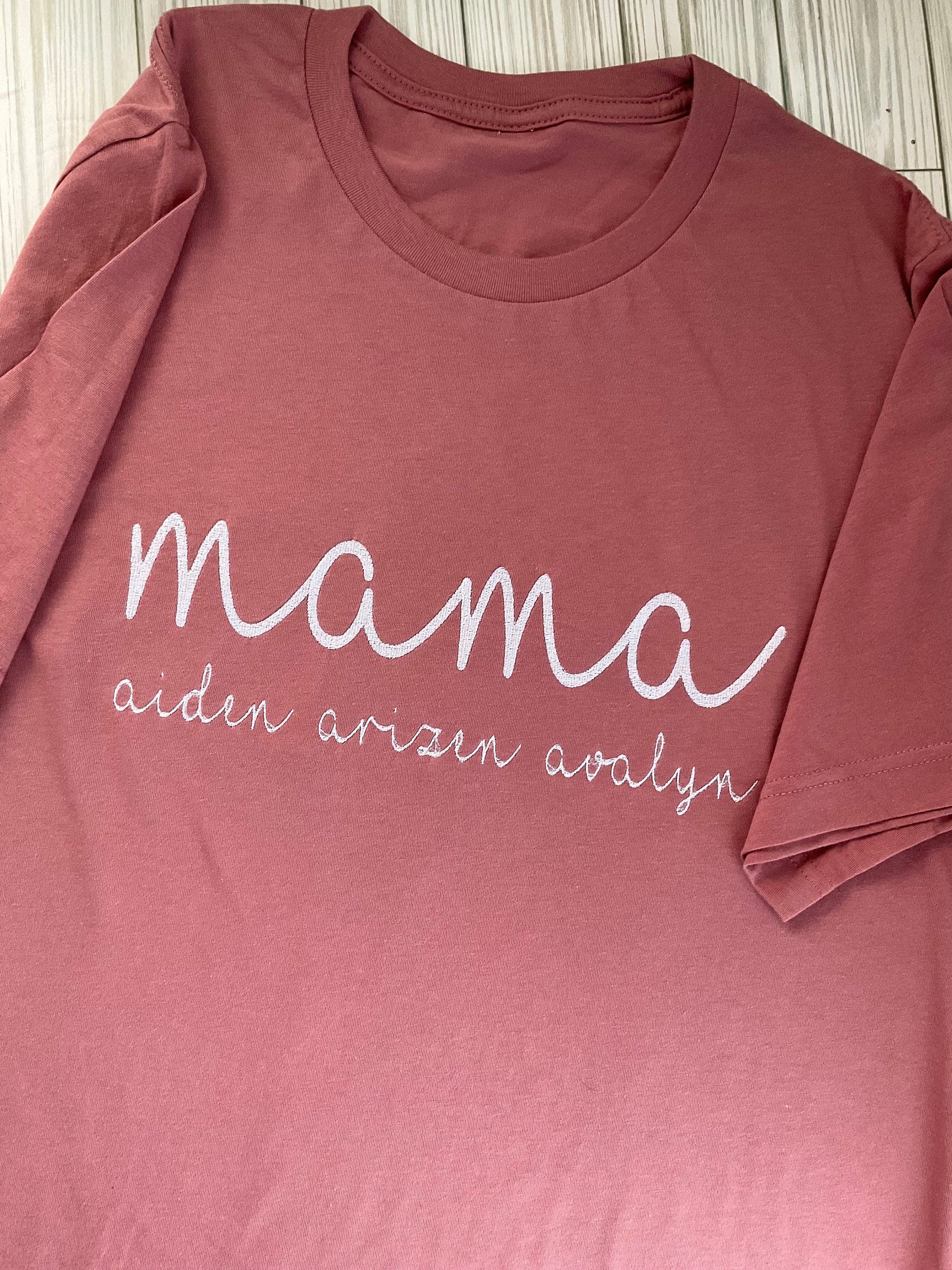 Personalized Mama Script Embroidered T-Shirt - Custom Mom Appreciation Tee with Kids' Names - Handcrafted Mother's Day Gift by Lina Loves Two, handmade in Los Angeles CA