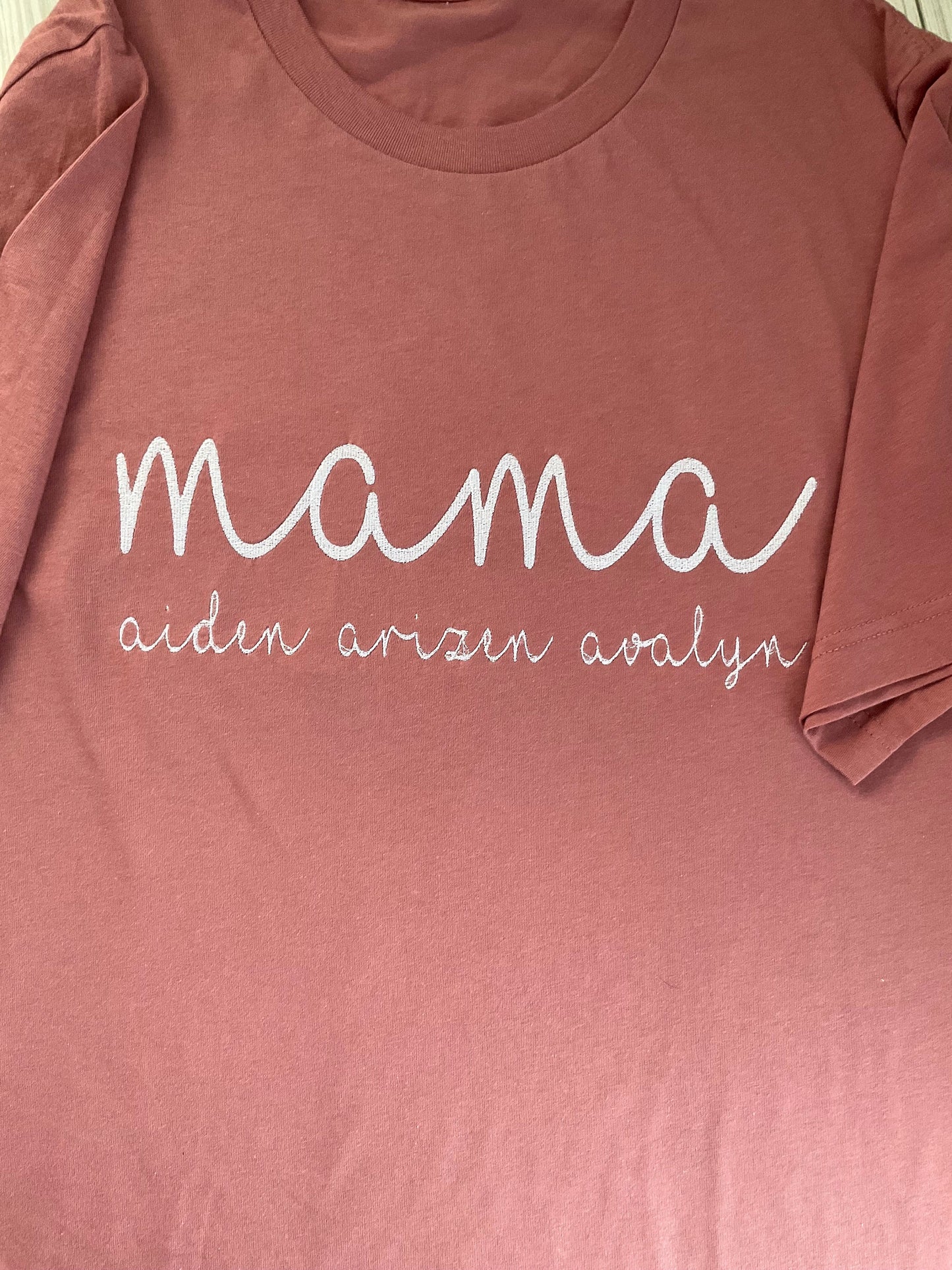 Personalized Mama Script Embroidered T-Shirt - Custom Mom Appreciation Tee with Kids' Names - Handcrafted Mother's Day Gift