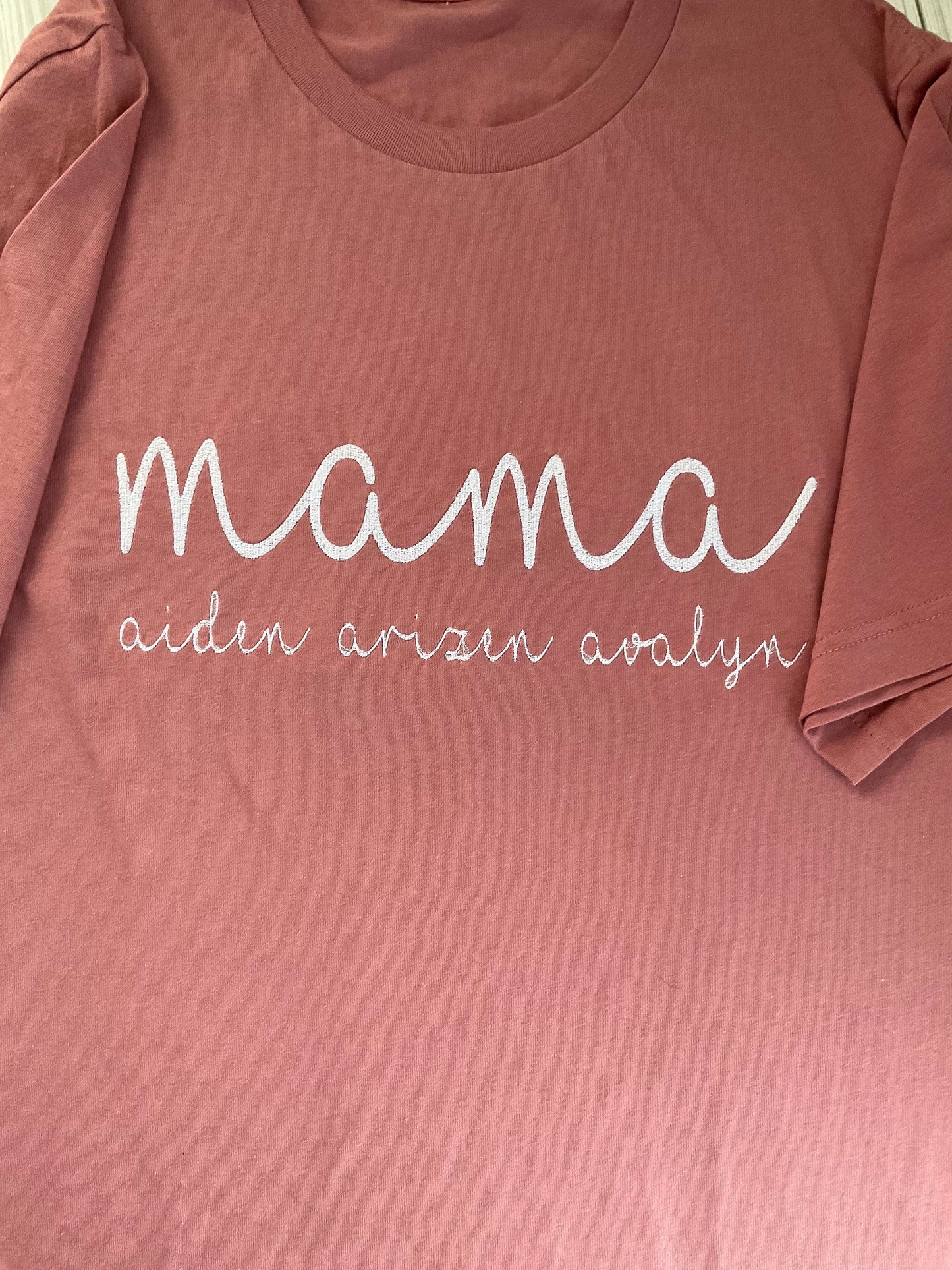 Personalized Mama Script Embroidered T-Shirt - Custom Mom Appreciation Tee with Kids' Names - Handcrafted Mother's Day Gift by Lina Loves Two, handmade in Los Angeles CA