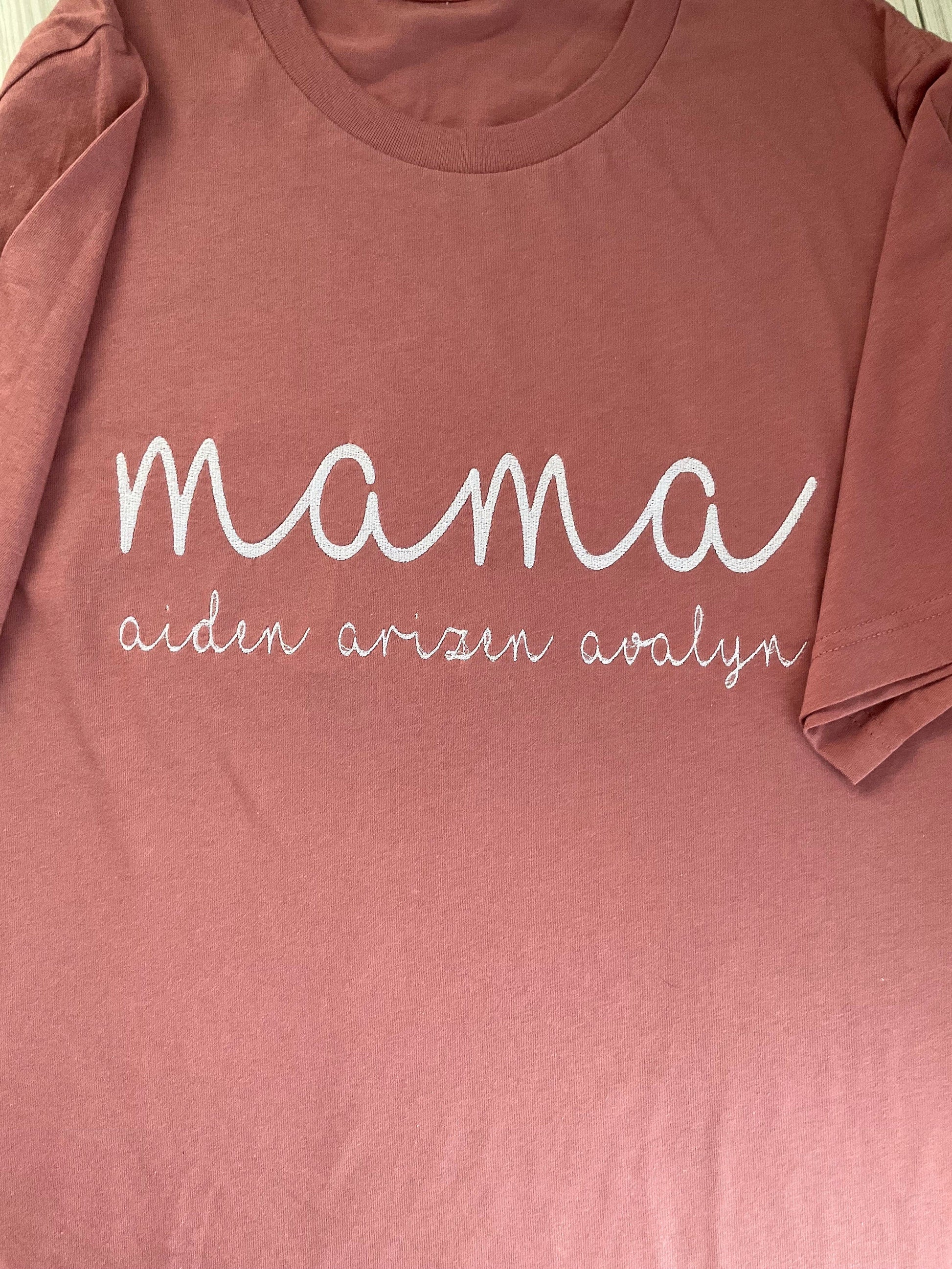 Personalized Mama Script Embroidered T-Shirt - Custom Mom Appreciation Tee with Kids' Names - Handcrafted Mother's Day Gift by Lina Loves Two, handmade in Los Angeles CA