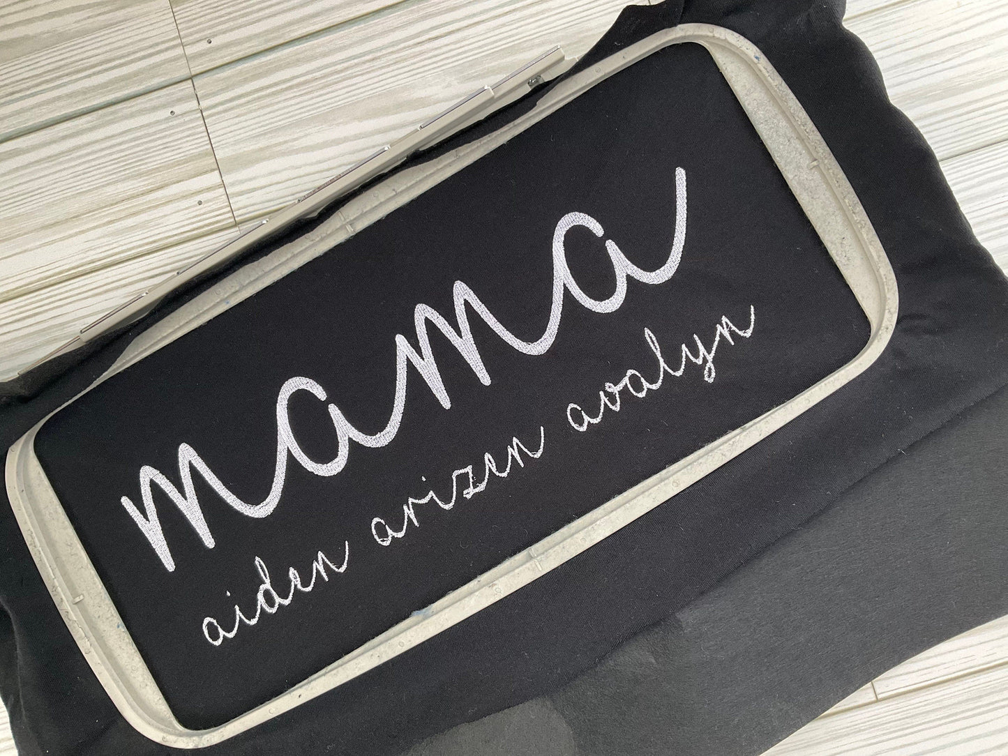 Personalized Mama Script Embroidered T-Shirt - Custom Mom Appreciation Tee with Kids' Names - Handcrafted Mother's Day Gift by Lina Loves Two, handmade in Los Angeles CA