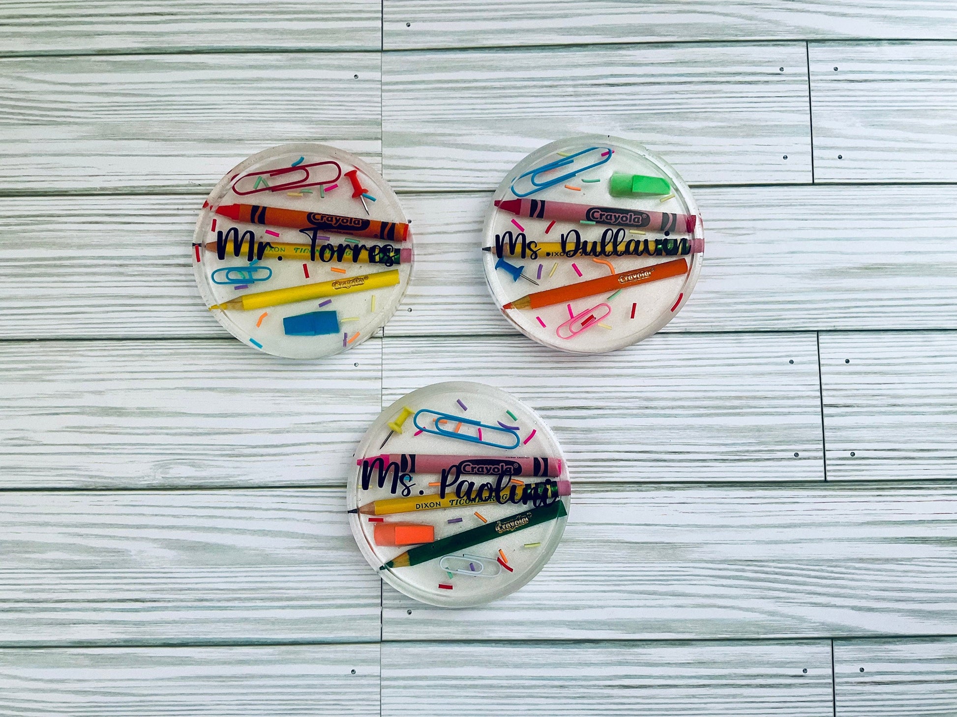 Personalized Teacher Coasters – Round Name Coaster Set with Crayon & Pencil Design by Lina Loves Two, handmade in Los Angeles CA