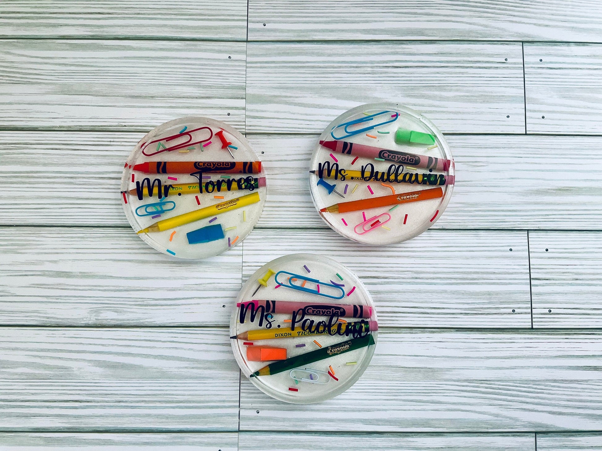 Personalized Teacher Coasters – Round Name Coaster Set with Crayon & Pencil Design by Lina Loves Two, handmade in Los Angeles CA