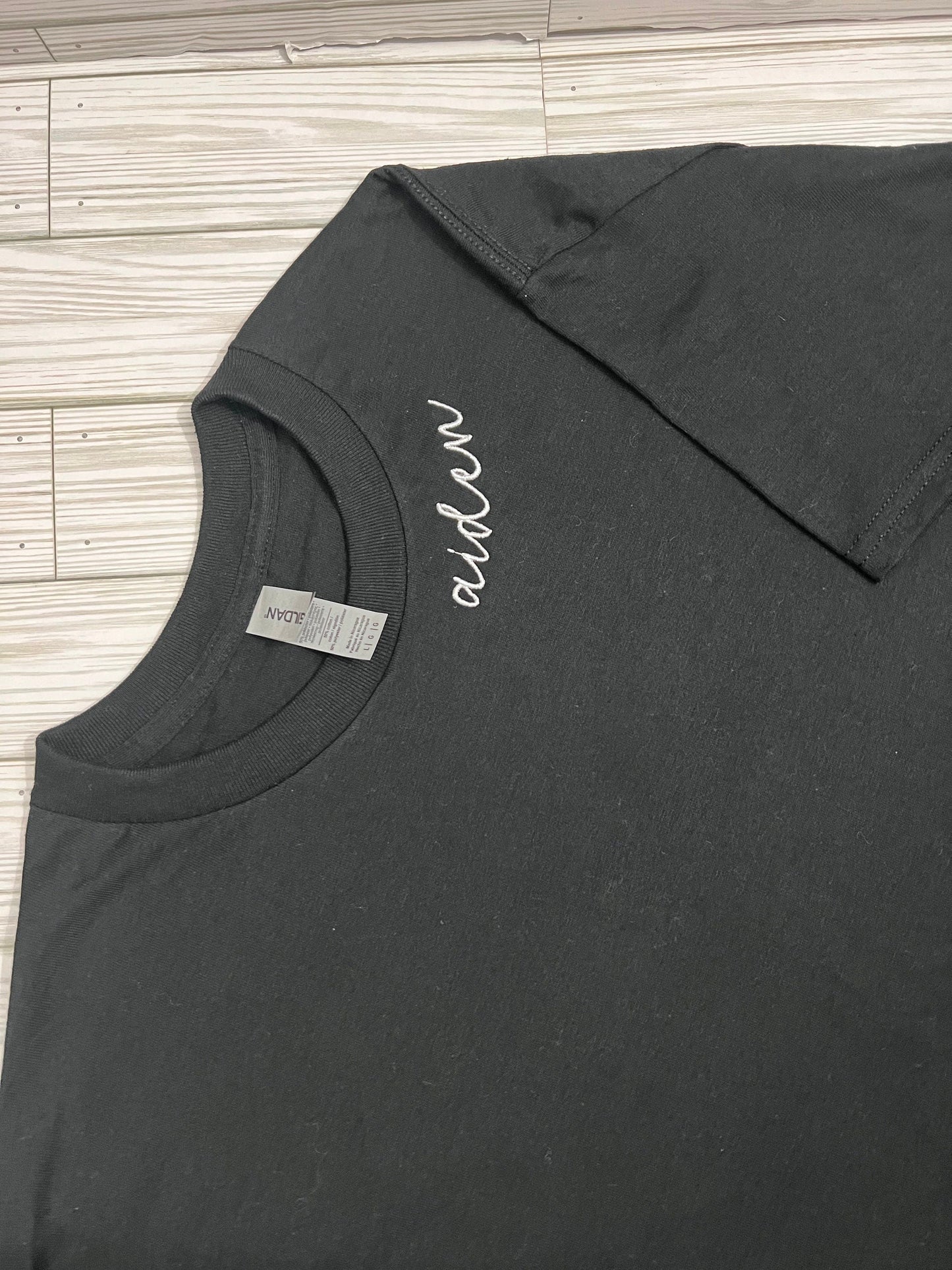 Name Script Embroidered T-Shirt | Custom Crewneck Name T-Shirt | Script Name T-Shirt by Lina Loves Two, handmade in Los Angeles CA