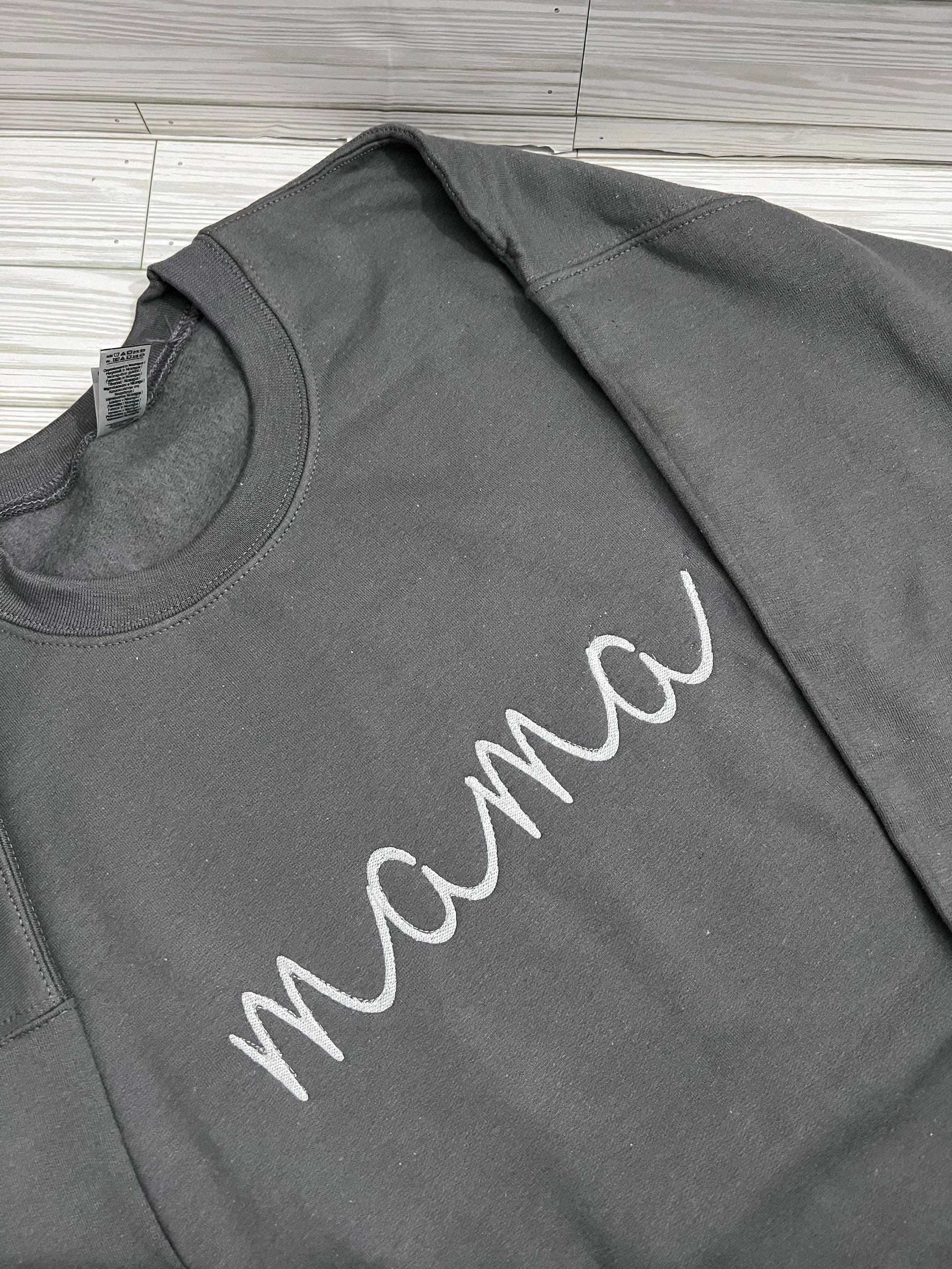 Charm in Every Stitch: Lowercase 'mama' Script Embroidered Tee - Mama Appreciation | Embroidery for Stylish Mom Tee - Unique Mama T-Shirt by Lina Loves Two, handmade in Los Angeles CA
