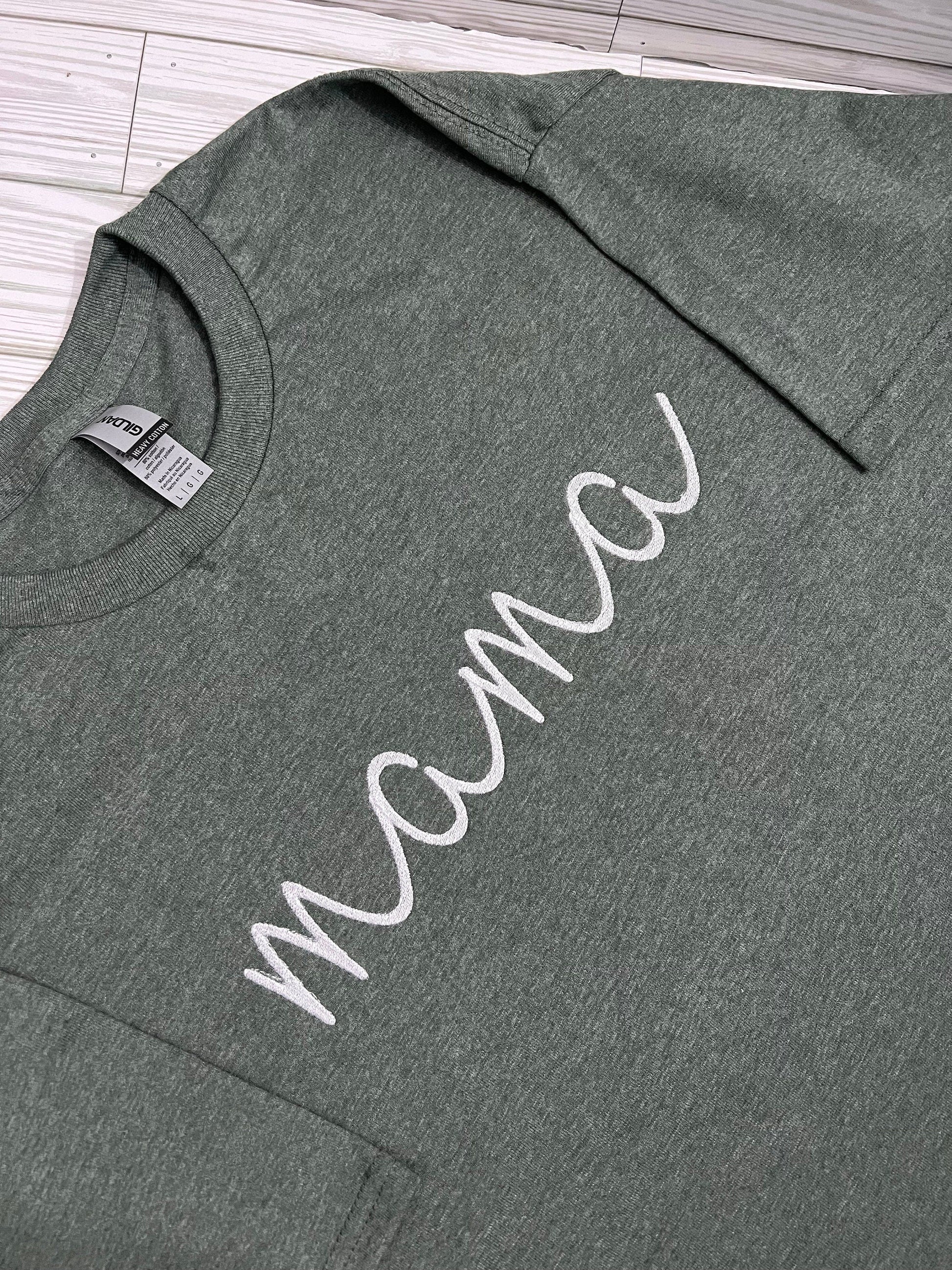 Charm in Every Stitch: Lowercase 'mama' Script Embroidered Tee - Mama Appreciation | Embroidery for Stylish Mom Tee - Unique Mama T-Shirt by Lina Loves Two, handmade in Los Angeles CA