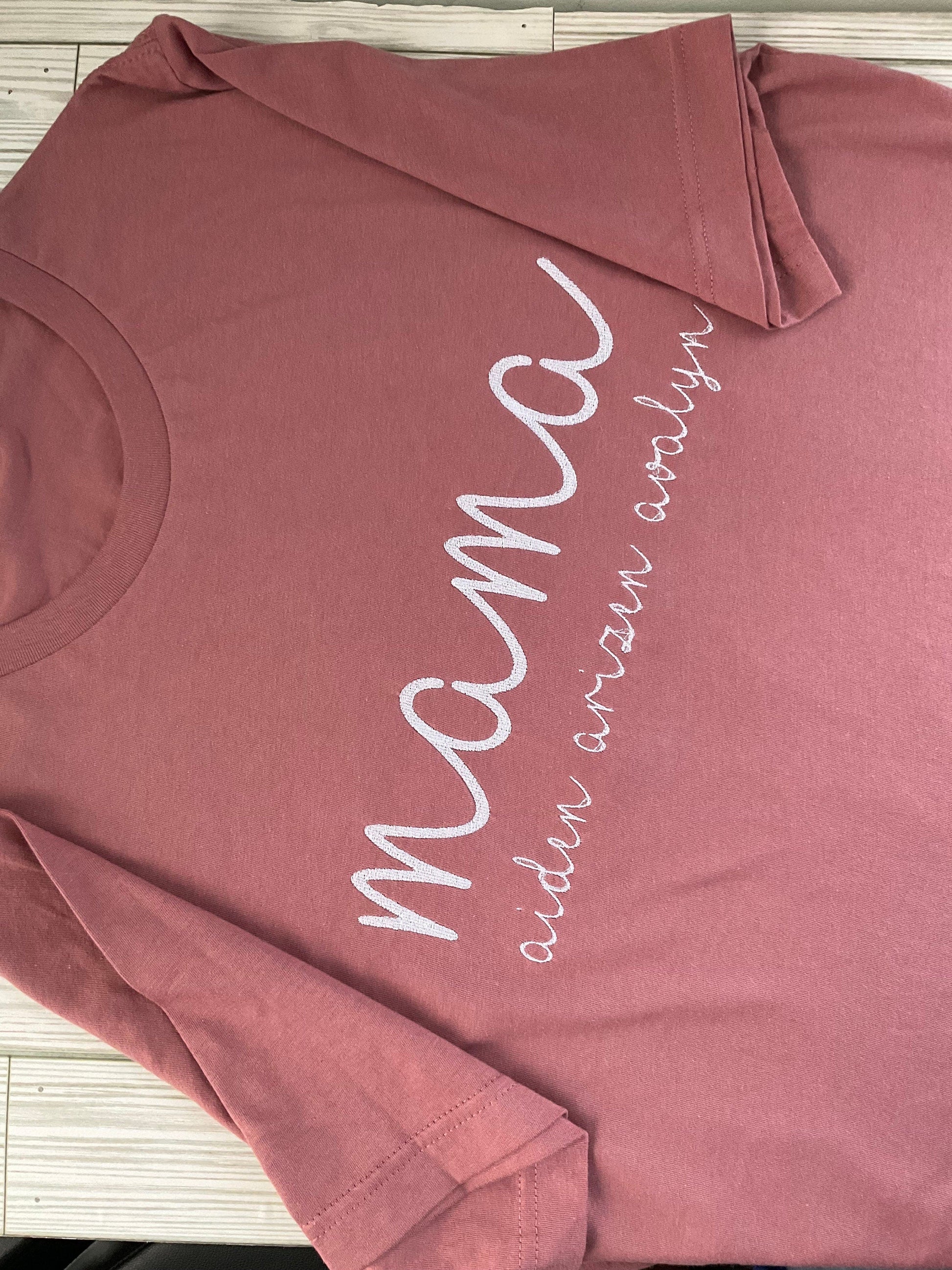 Personalized Mama Script Embroidered T-Shirt - Custom Mom Appreciation Tee with Kids' Names - Handcrafted Mother's Day Gift by Lina Loves Two, handmade in Los Angeles CA