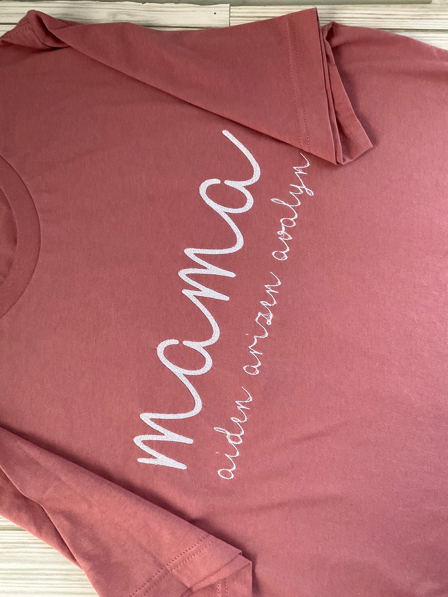 Personalized Mama Script Embroidered T-Shirt - Custom Mom Appreciation Tee with Kids' Names - Handcrafted Mother's Day Gift by Lina Loves Two, handmade in Los Angeles CA