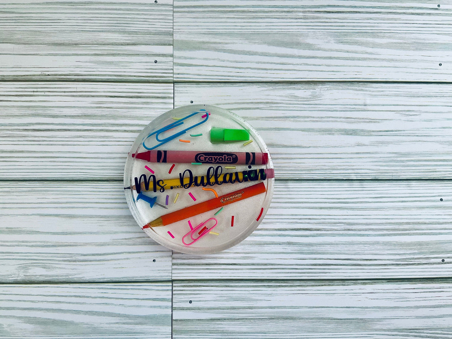 Personalized Teacher Coasters – Round Name Coaster Set with Crayon & Pencil Design by Lina Loves Two, handmade in Los Angeles CA