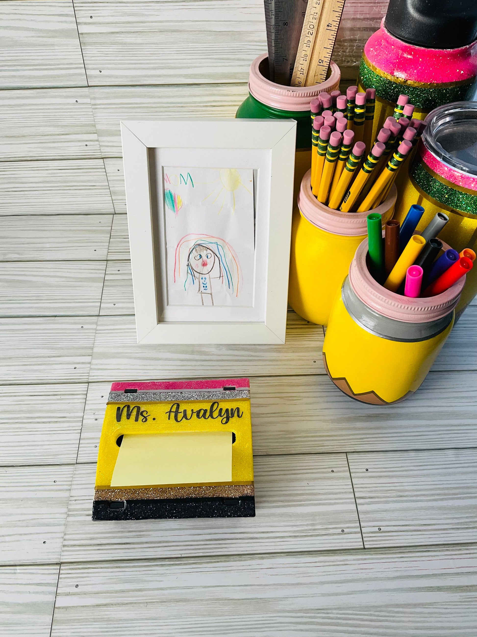 Glitter Pencil Post-It Dispenser: Unique Teacher Desk Accessory by Lina Loves Two, handmade in Los Angeles CA