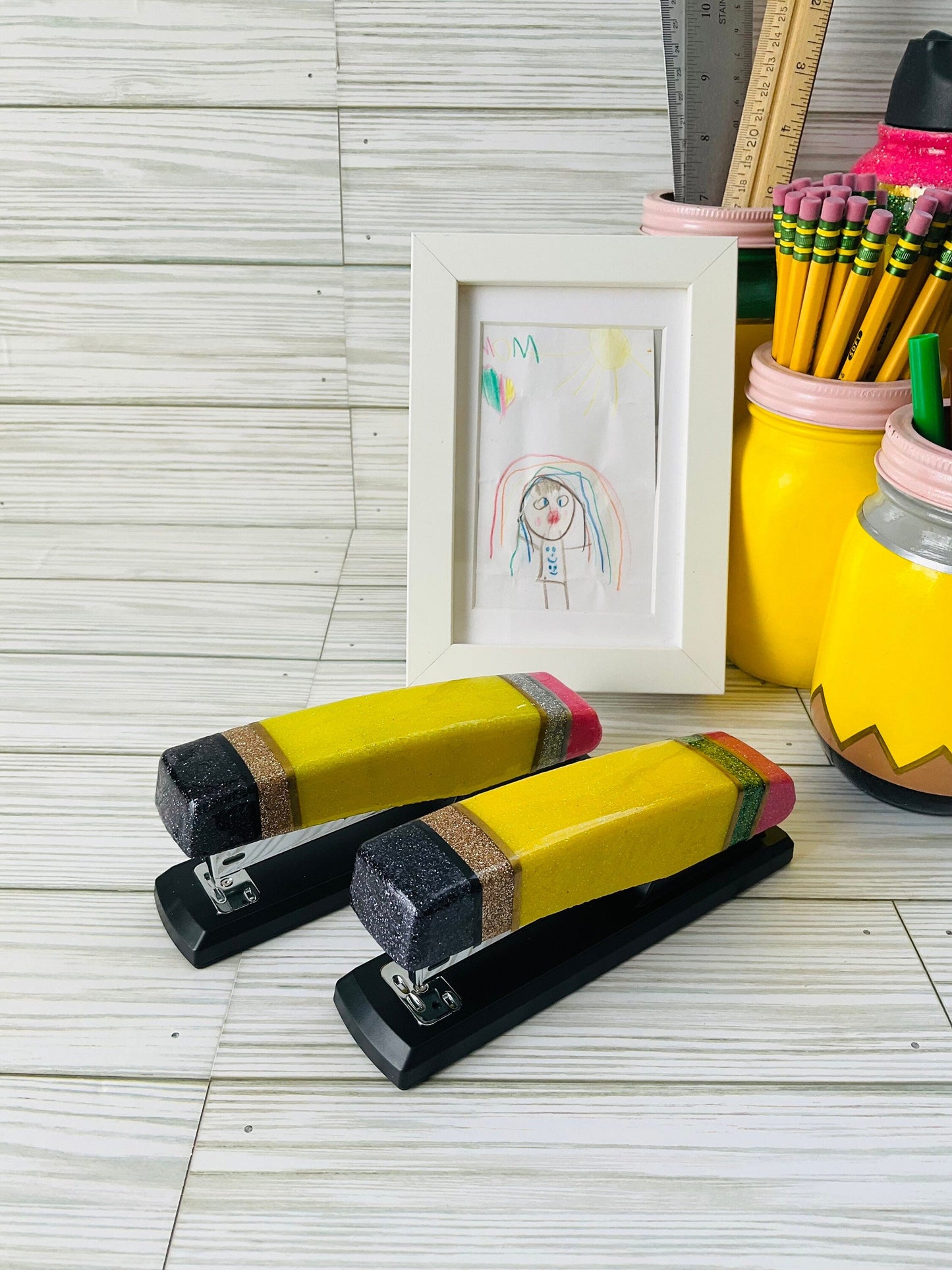 Glitter Pencil Stapler: Unique Teacher Desk Accessory by Lina Loves Two, handmade in Los Angeles CA