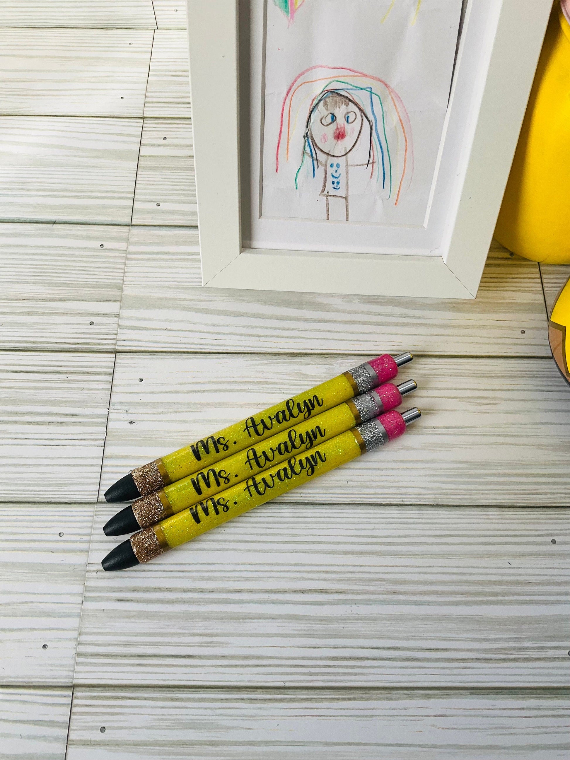 Personalized Teacher Glitter Pens - Pencil Design, Set of 3 by Lina Loves Two, handmade in Los Angeles CA