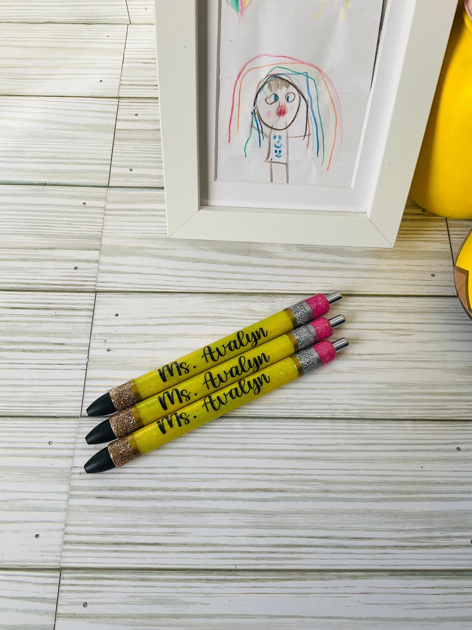 Personalized Teacher Glitter Pens - Pencil Design, Set of 3 by Lina Loves Two, handmade in Los Angeles CA