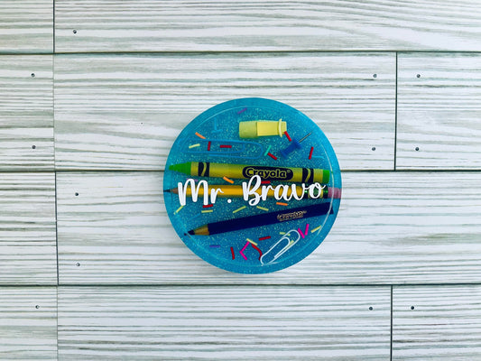 Personalized Teacher Glitter Coaster: Crayon & Pencil Design by Lina Loves Two, handmade in Los Angeles CA