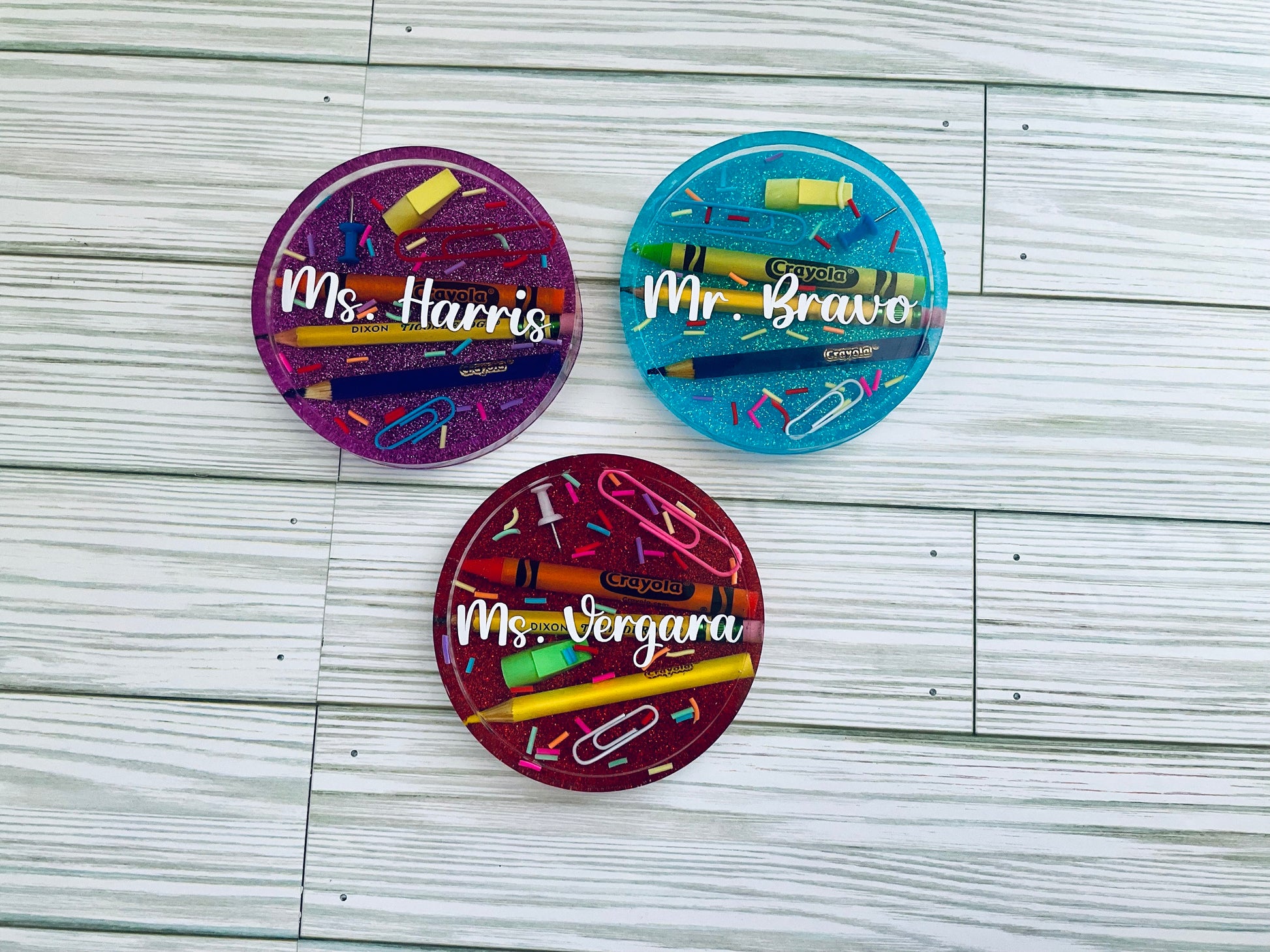 Personalized Teacher Glitter Coaster: Crayon & Pencil Design by Lina Loves Two, handmade in Los Angeles CA