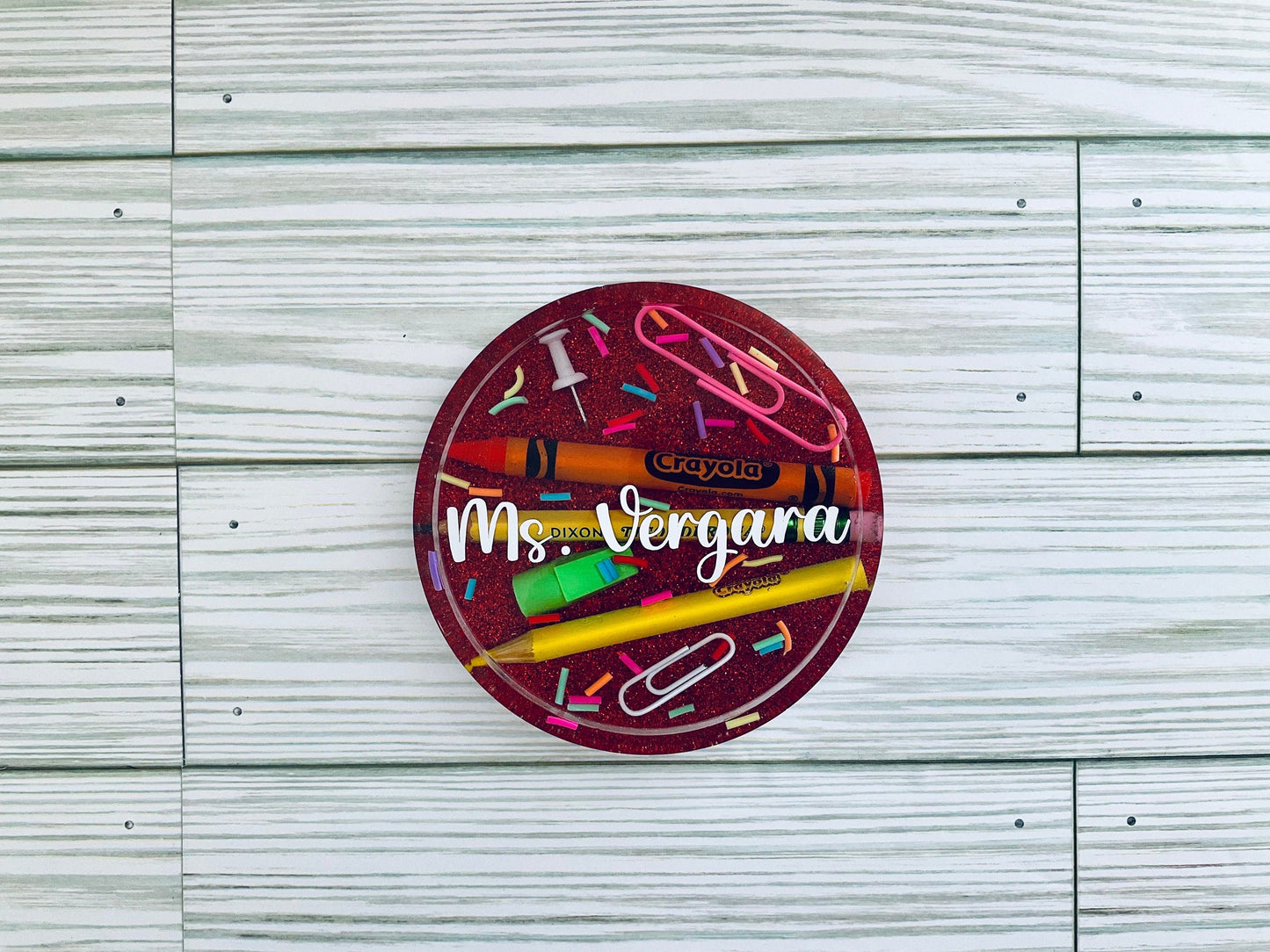 Personalized Teacher Glitter Coaster: Crayon & Pencil Design by Lina Loves Two, handmade in Los Angeles CA