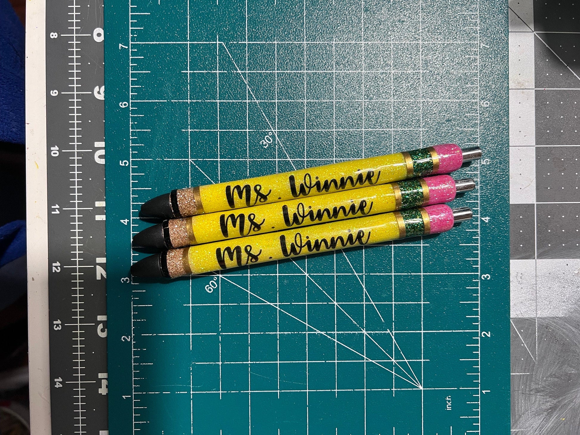Personalized Teacher Glitter Pens - Pencil Design, Set of 3 by Lina Loves Two, handmade in Los Angeles CA