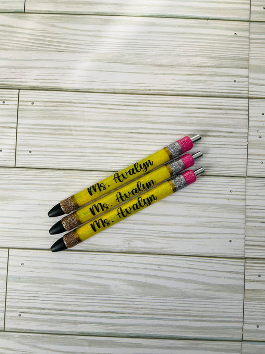 Personalized Teacher Glitter Pens - Pencil Design, Set of 3 by Lina Loves Two, handmade in Los Angeles CA
