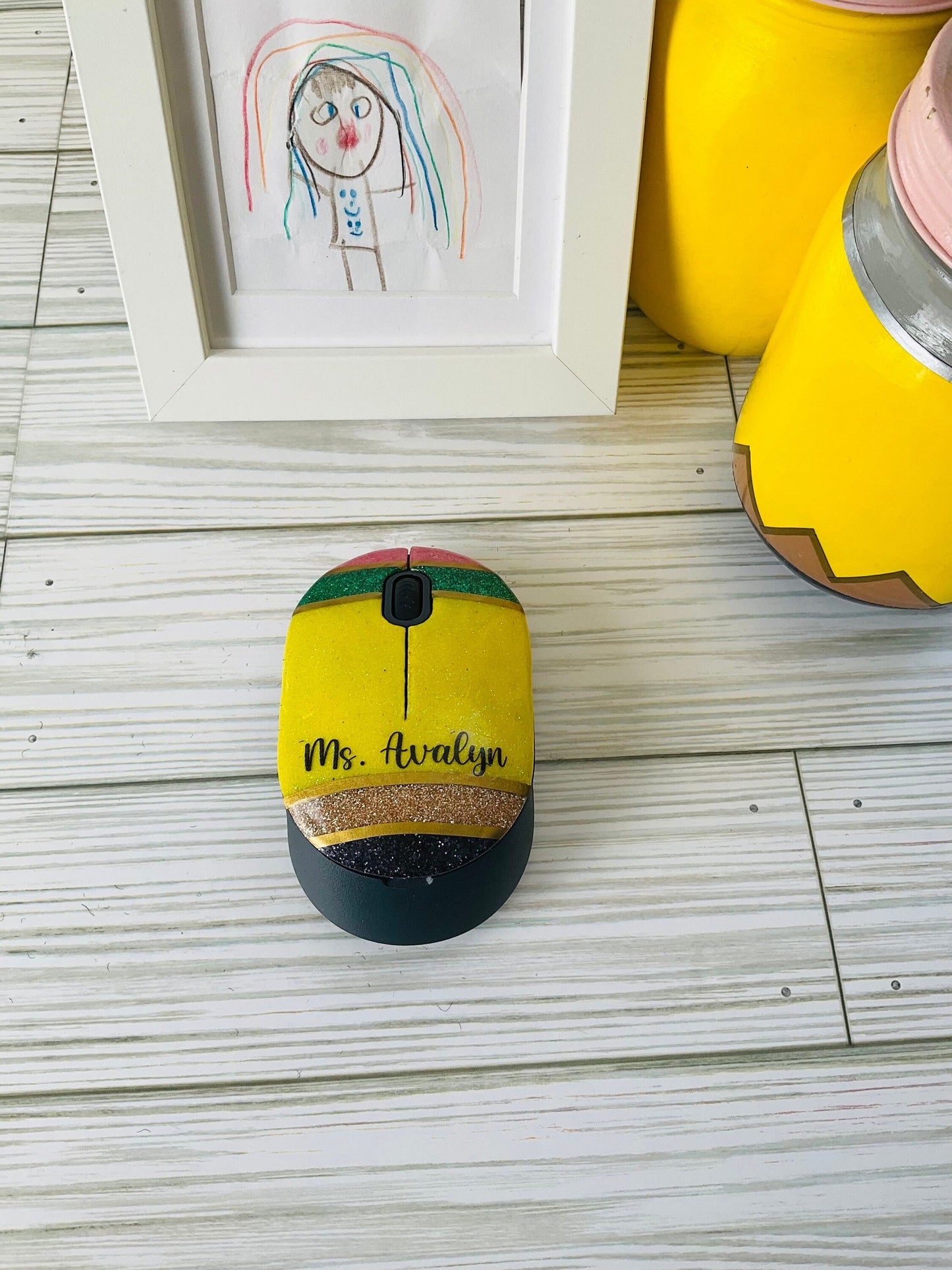 Pencil Wireless Mouse | Teacher Gifts | Yellow Pencil Glitter | Unique Wireless Mouse for Teachers by Lina Loves Two, handmade in Los Angeles CA