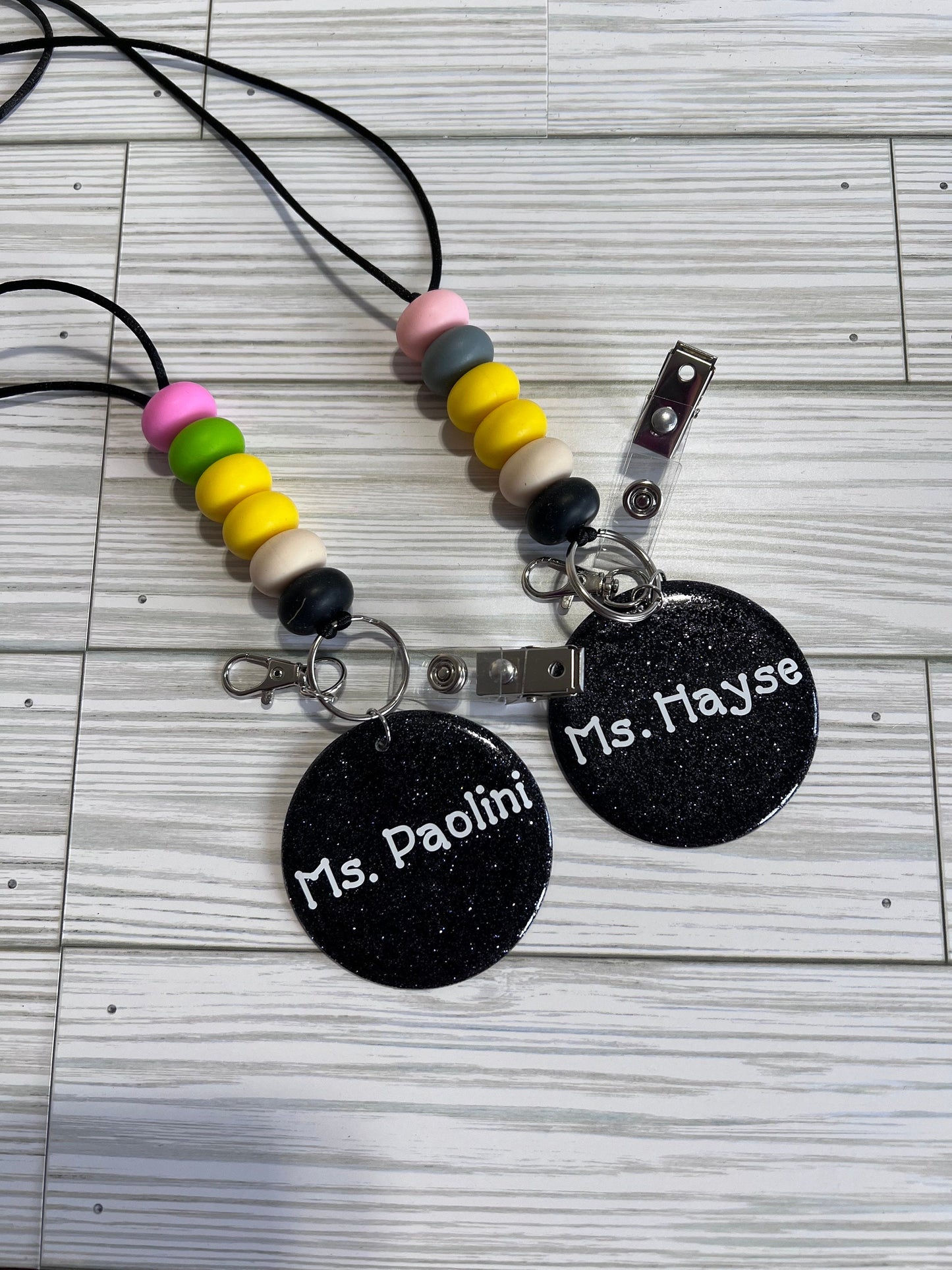 Personalized Teacher Lanyard: Silicone Beads, Glitter Charm by Lina Loves Two, handmade in Los Angeles CA