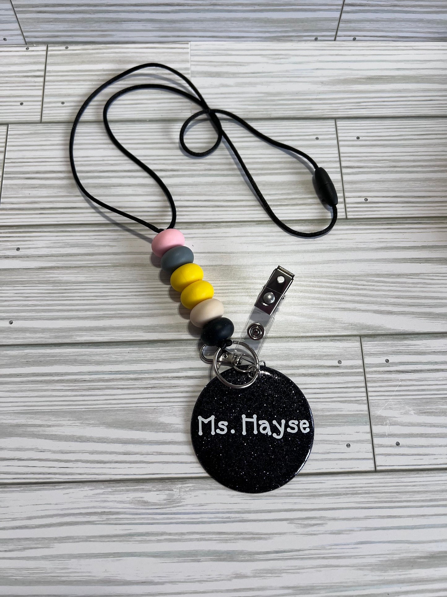 Personalized Teacher Lanyard: Silicone Beads, Glitter Charm by Lina Loves Two, handmade in Los Angeles CA