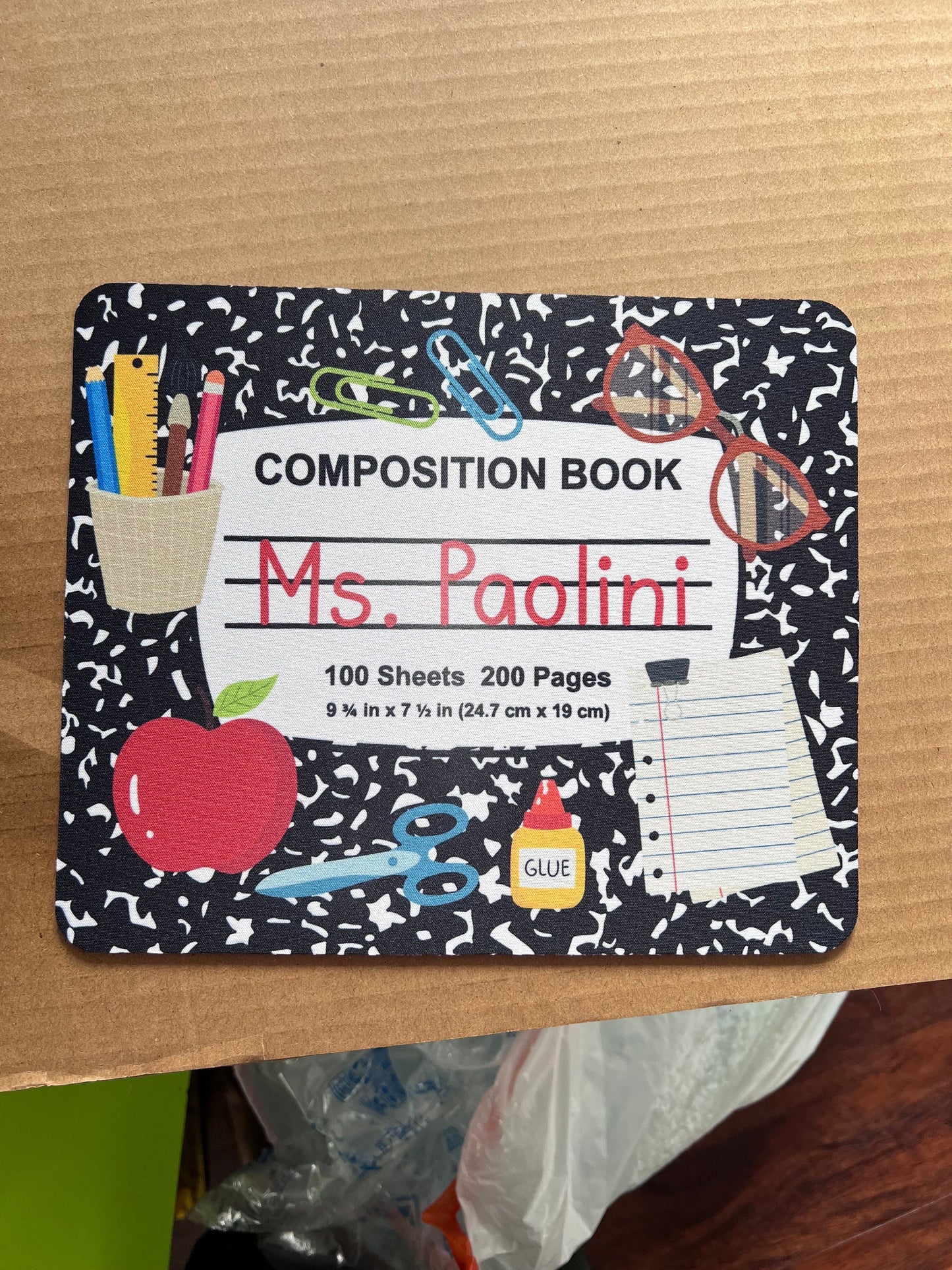 Personalized Teacher Mouse Pad: Composition Book Design by Lina Loves Two, handmade in Los Angeles CA