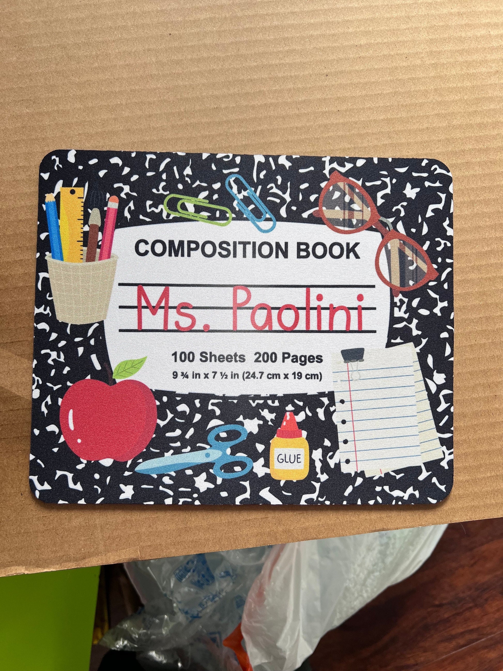 Personalized Teacher Mouse Pad: Composition Book Design by Lina Loves Two, handmade in Los Angeles CA