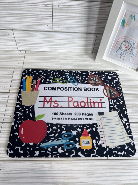 Personalized Teacher Mouse Pad: Composition Book Design by Lina Loves Two, handmade in Los Angeles CA