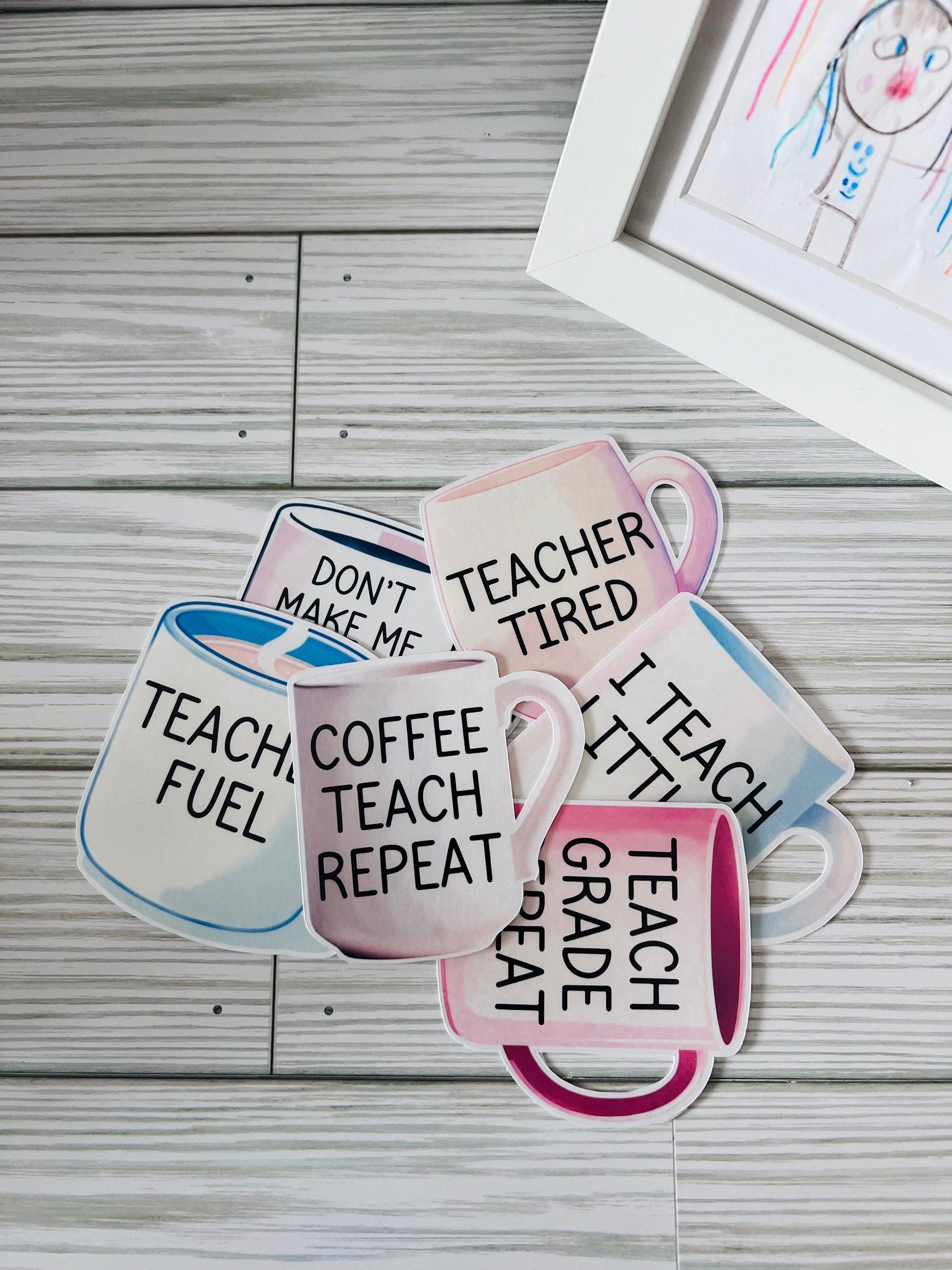 Funny Teacher Coffee Mug Stickers – Set of 6 Inspirational Stickers for Classroom or Gift by Lina Loves Two, handmade in Los Angeles CA